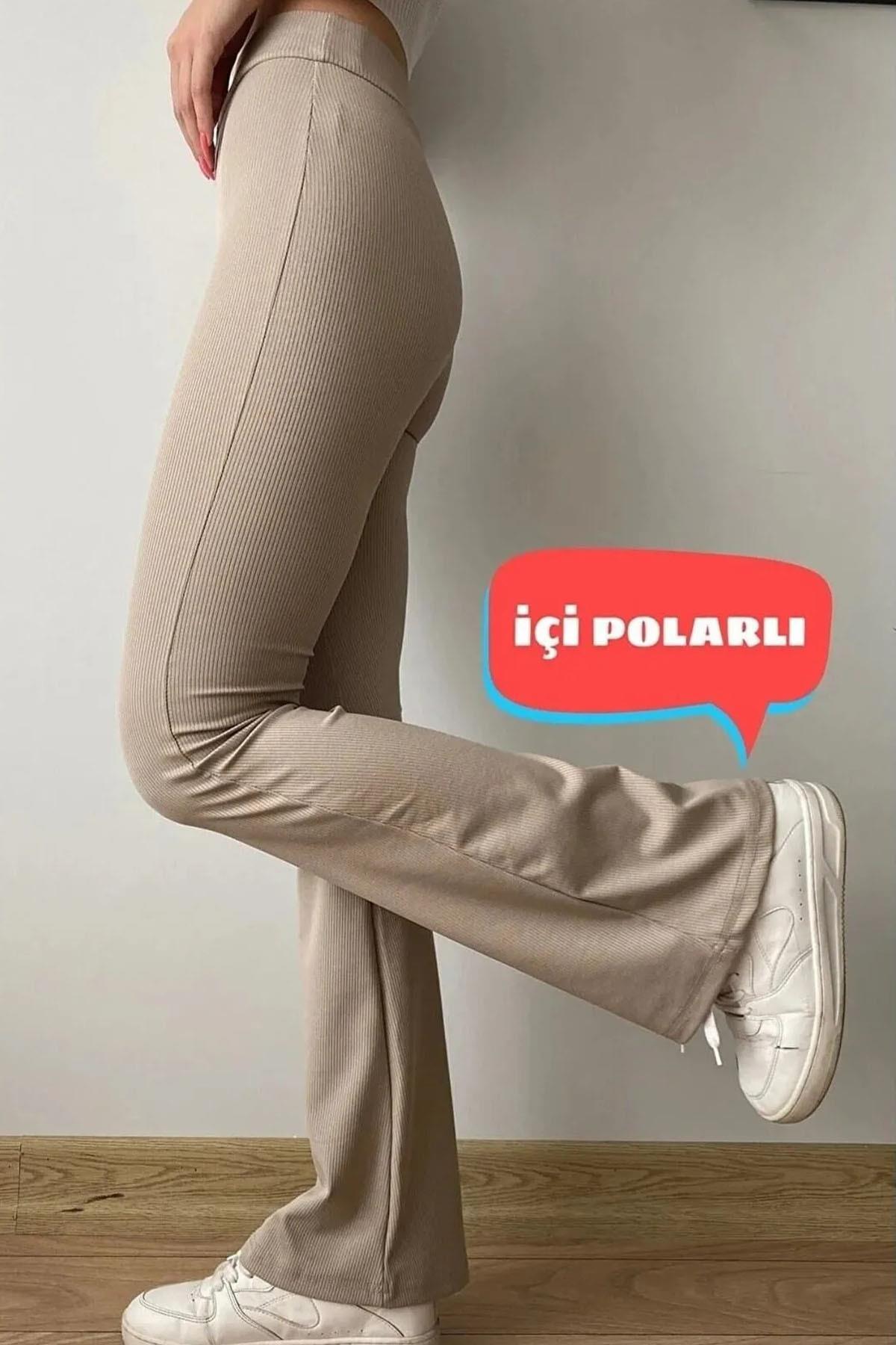 Yüksek Bel Toparlayıcı Içi Polarlı Kışlık Fitilli Ispanyol Tayt Pantolon