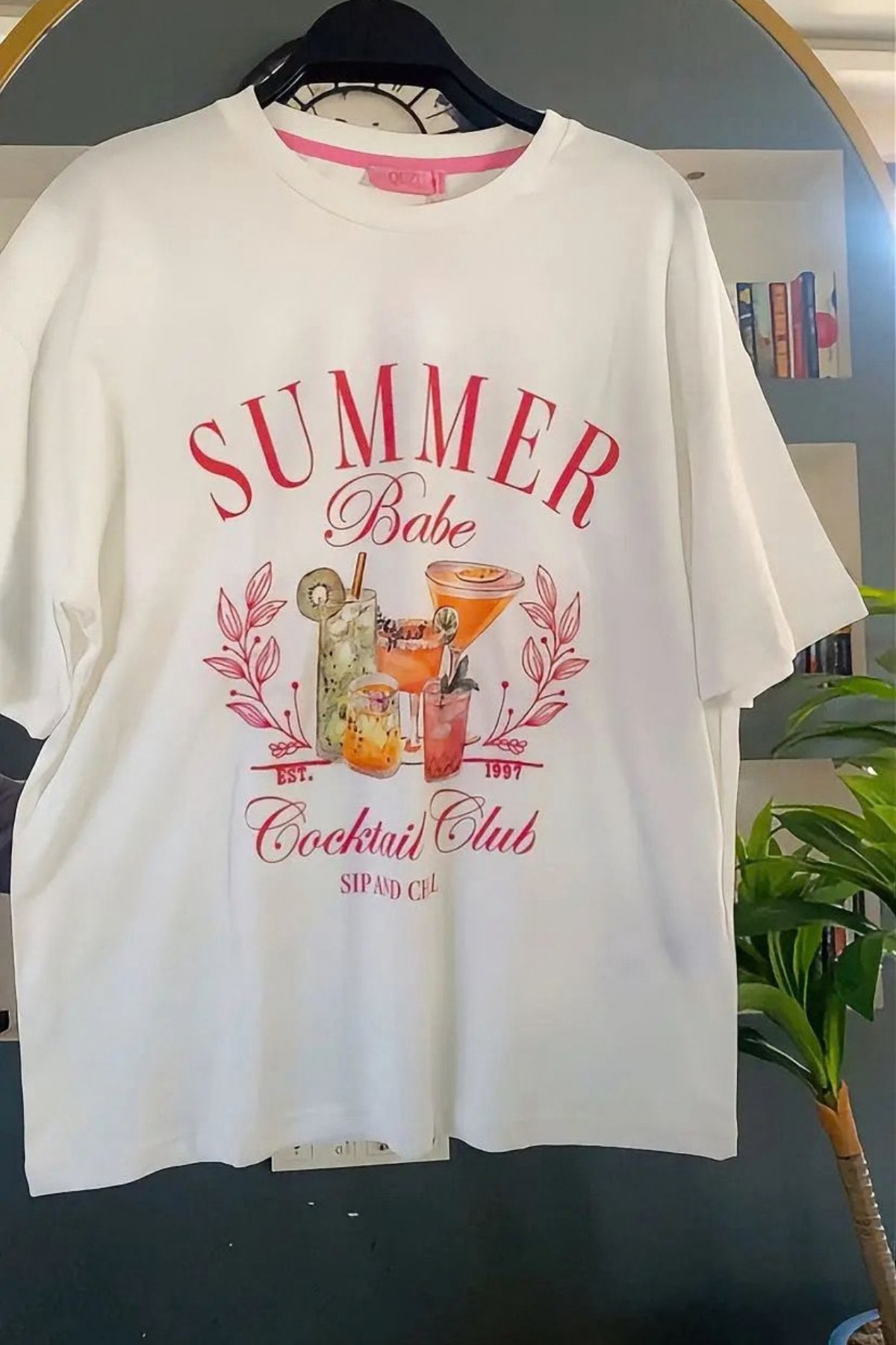 Summer Babe Baskılı Beyaz Kadın Tişört - %100 Pamuklu Yazlık Oversize