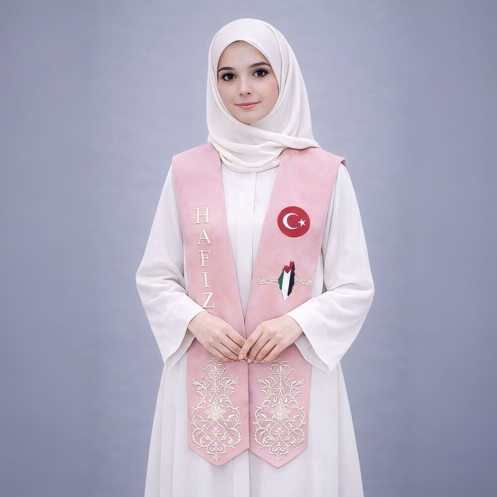 Bayan Hafızlık İcazet Merasimi Çocuk Ferace Abaya Krem Renk Elbise + Pembe Atkı