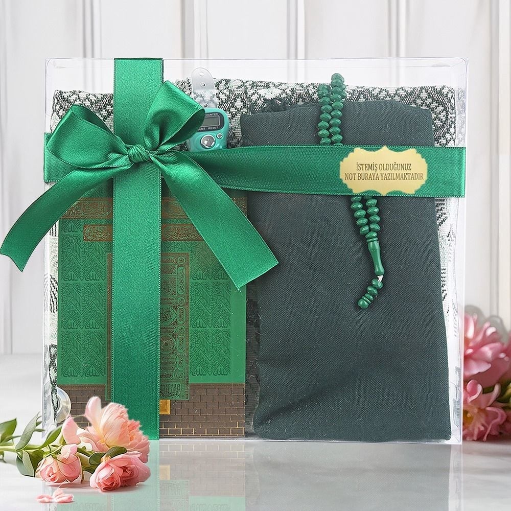 Ekonomik Çanta Boy Yasin, Seccade, Pamuklu Şal, Tesbih, Zikirmatik, Süslemeli Asetat Kutulu (23*26 cm -475gr)-Yeşil