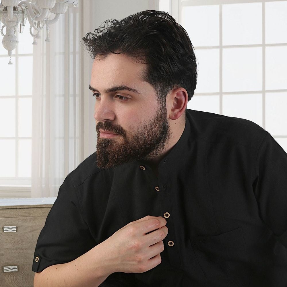 Hac ve Umre İçin Gömlek Kısa Kollu Siyah Hakim Yaka Keten Görünümlü Terletmeyen % 100 Pamuk Yazlık