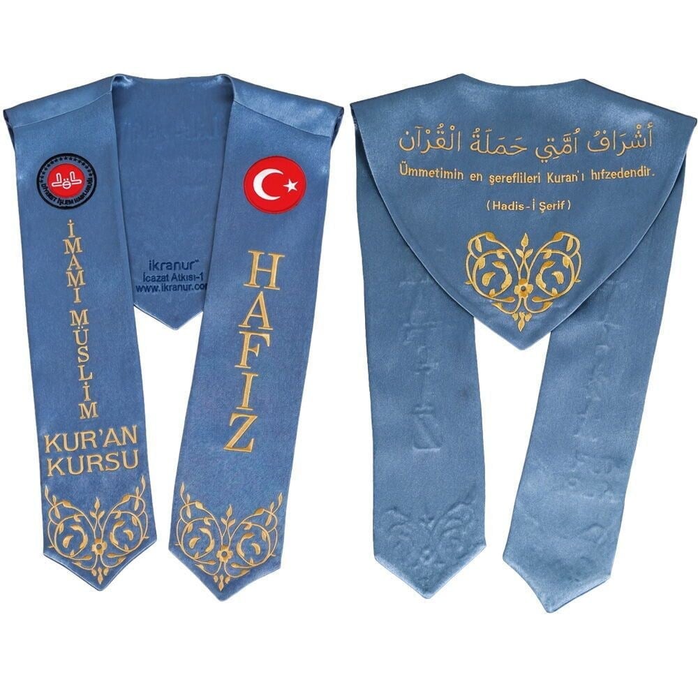 Hafızlık İcazet Atkısı Türk-Diyanet Logo İşlemeli Kursa Özel Gold Nakışlı-İndigo