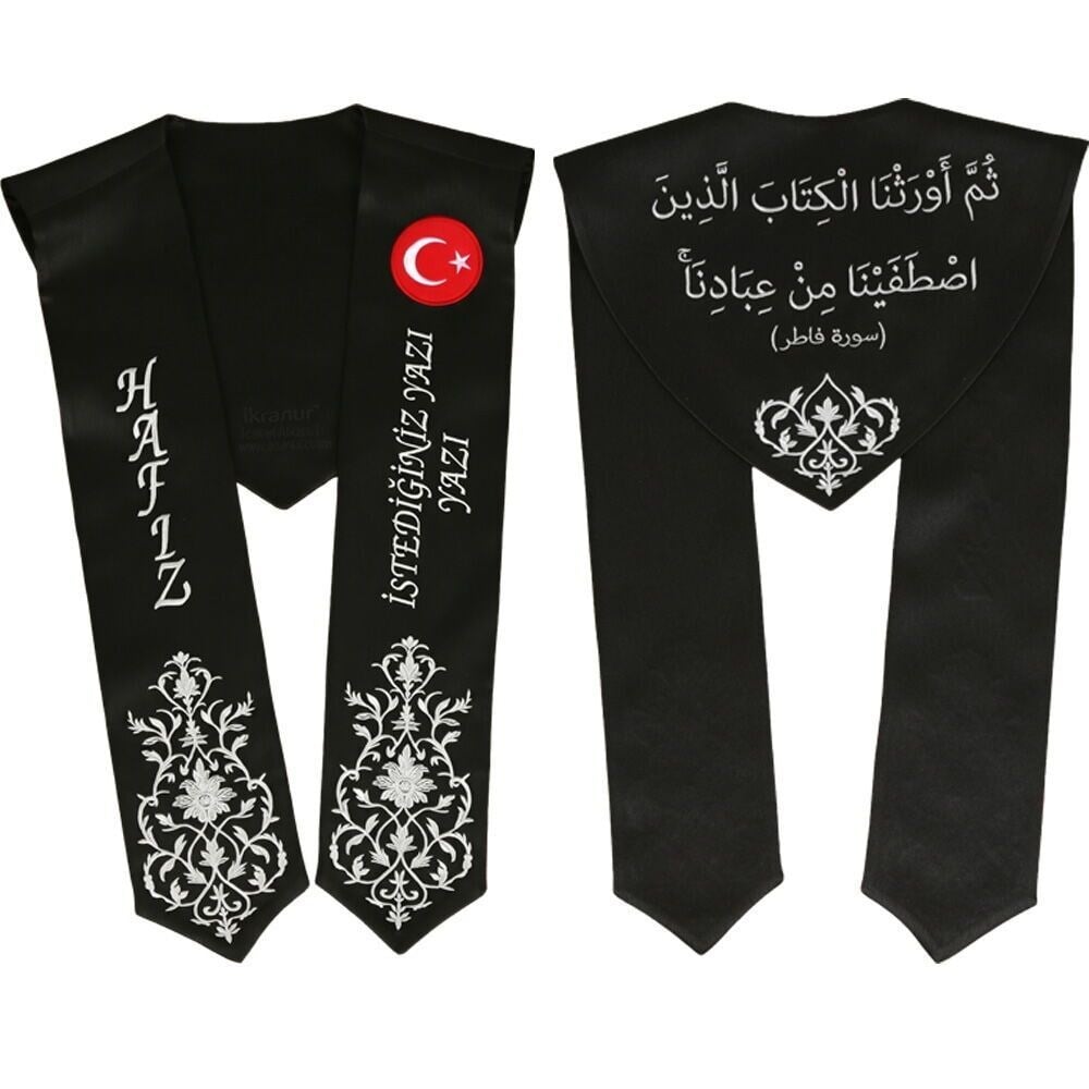 Hafızlık İcazet Merasim Atkısı Türk Bayraklı-İsme Özel Beyaz Nakışlı-Siyah