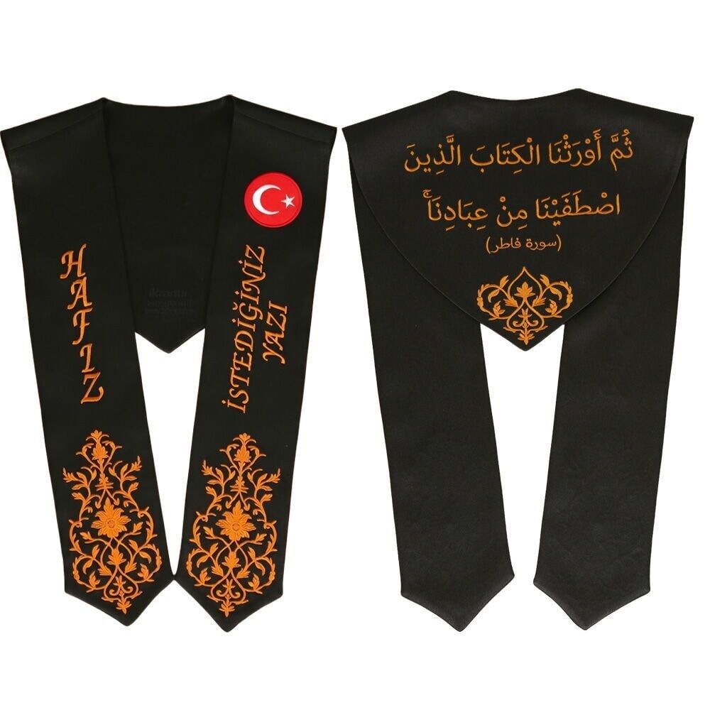 Hafızlık İcazet Merasim Atkısı Türk Bayraklı-İsme Özel Kremit Nakışlı-Siyah