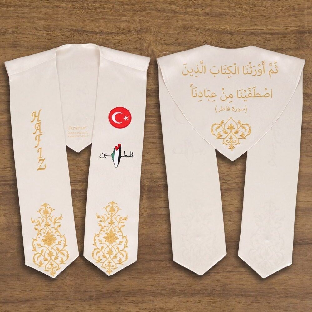 Hafızlık İcazet Merasim Atkısı Türkiye ve Filistin Bayrak İşlemeli Gold Nakışlı-Krem