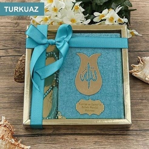 Hediyelik Kadife Kur'an-ı Kerim, İnci Tesbih, Gold Asetat Kutulu (20×20) Dini Set