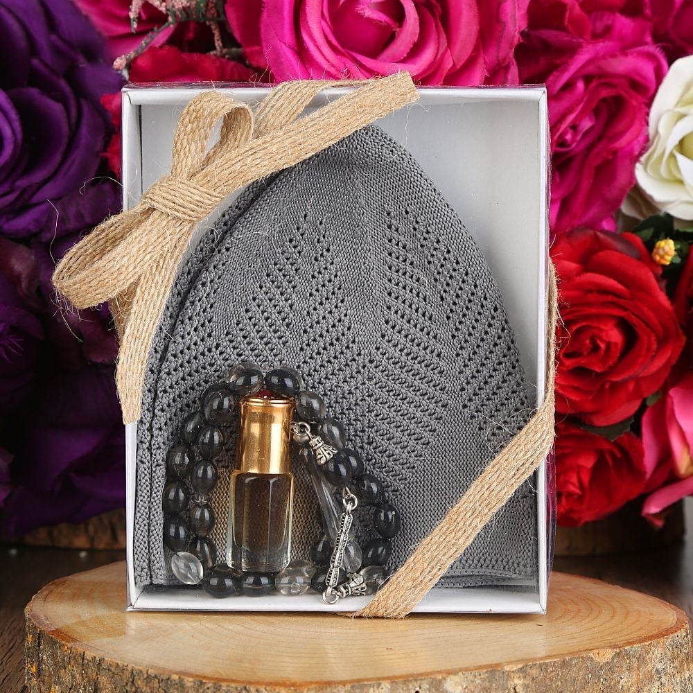 Hediyelik Takke, 33 lü Tesbih, Alkolsüz Esans 3 ml Asetat kutulu 12*15 cm 261 gram-Gri