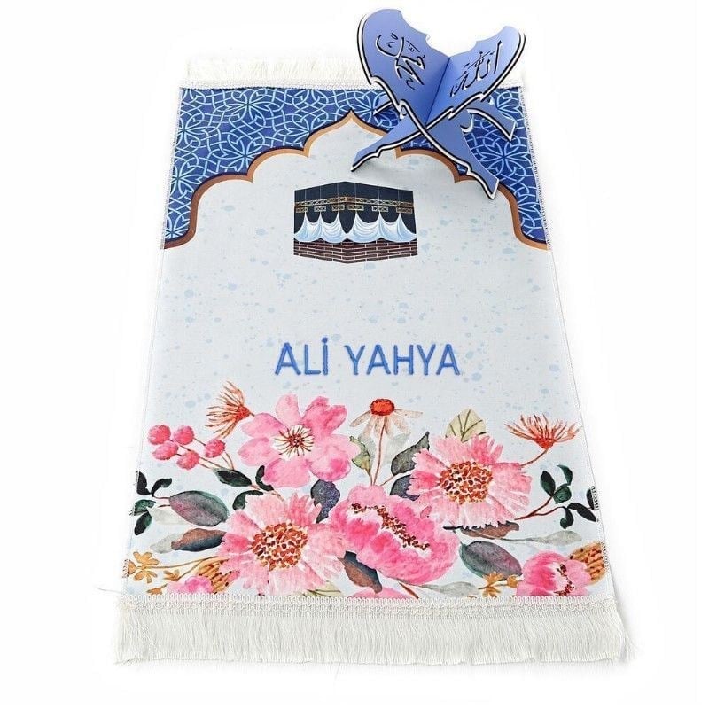 İsme Özel Çocuk Seccadesi Kabe Mavi 82×45 cm 110 gr - Tesbih Hediyeli
