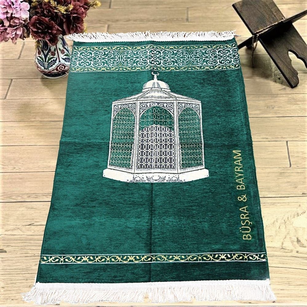 İsme Özel Makam-ı İbrahim Lüks Şönil Seccade-Yeşil -70x126 cm-240 gr