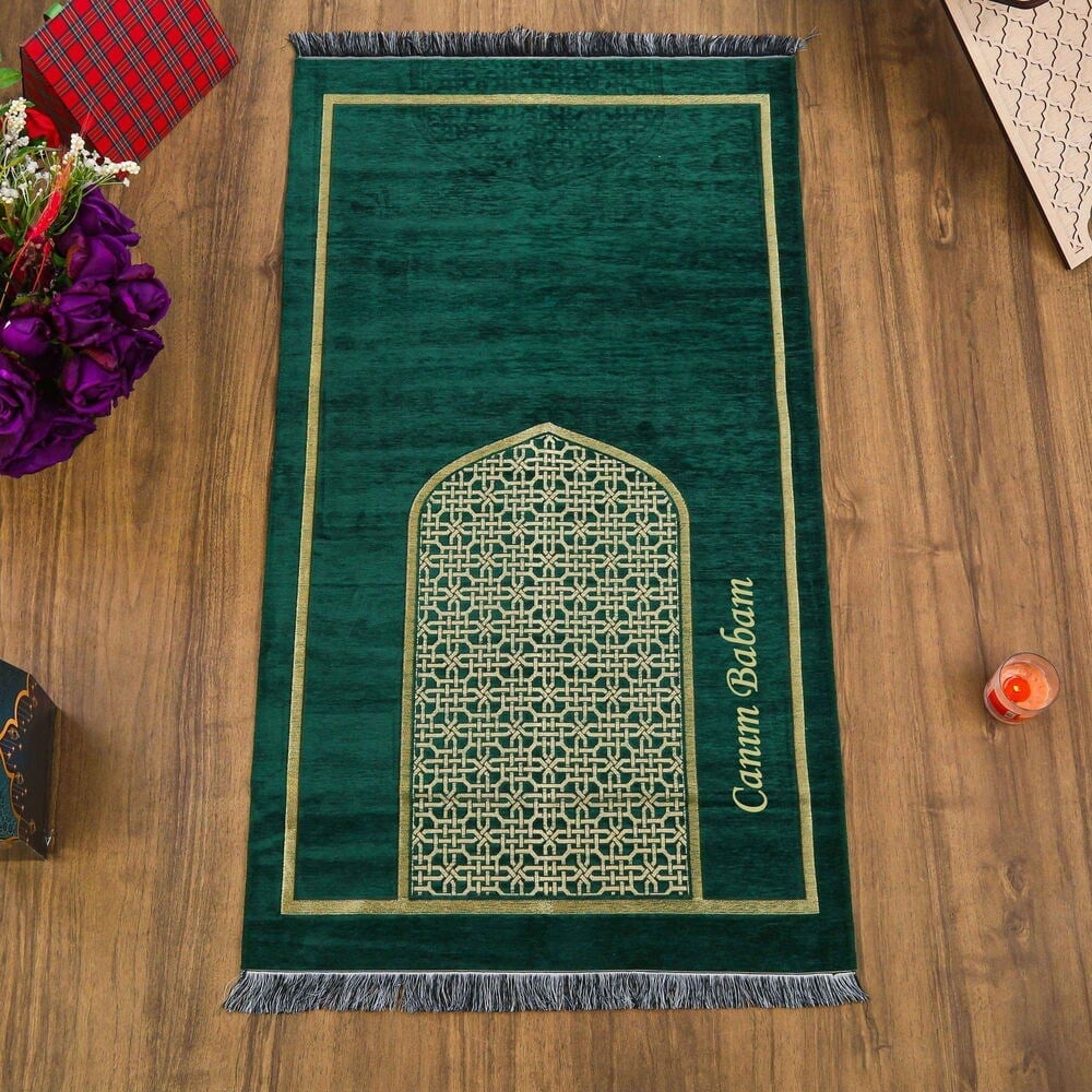 İsme Özel Selçuklu Desenli Lüks Şönil Seccade-Yeşil (66x120cm) 520 gr