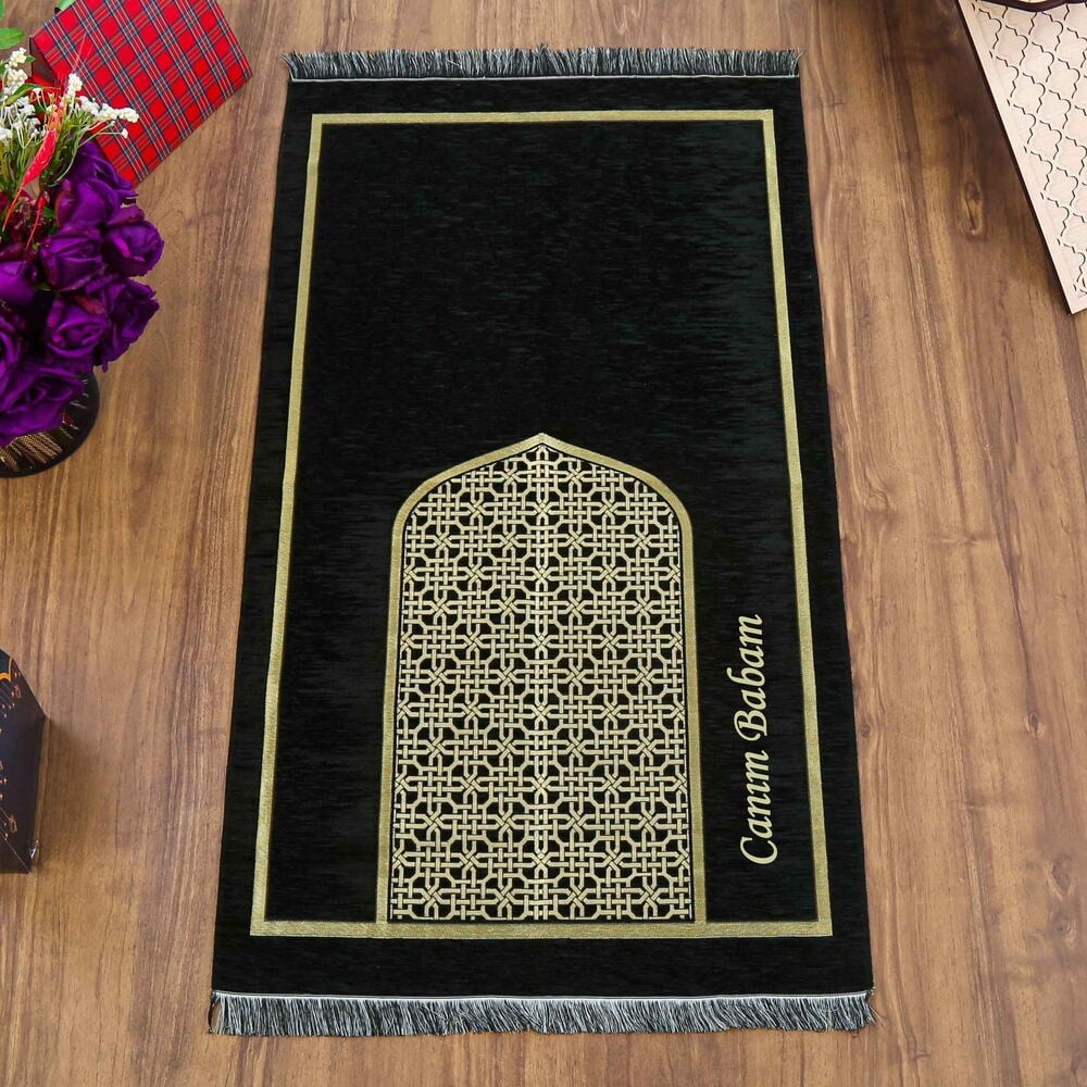 İsme Özel Selçuklu Desenli Lüks Şönil Seccade-Siyah (66X120cm) 520 gr