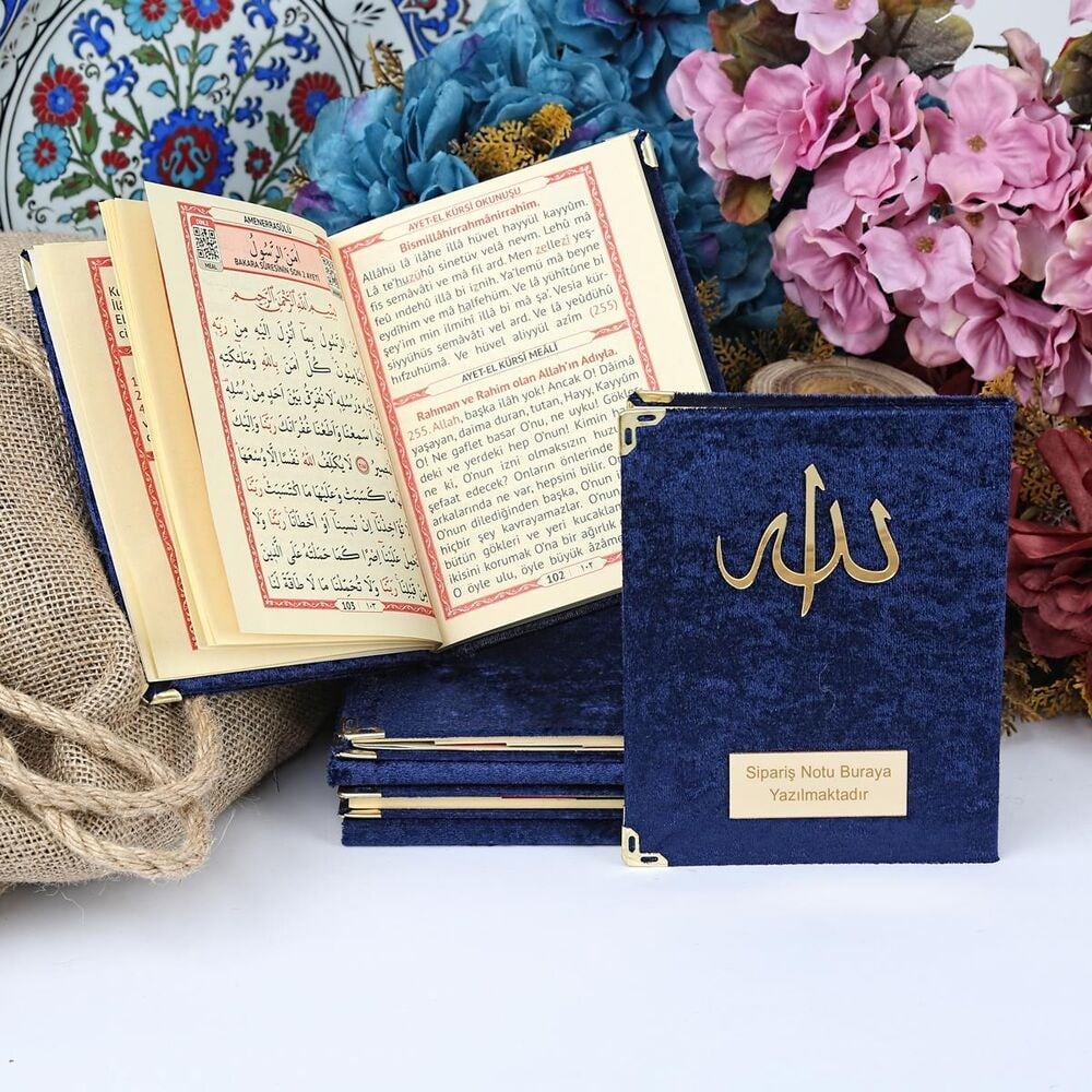 Kadife Kaplı Yasin Kitabı 10 Adet Çanta Boy 12×16, 128 Sayfa Allah Lafızlı, İsim Baskılı-Lacivert
