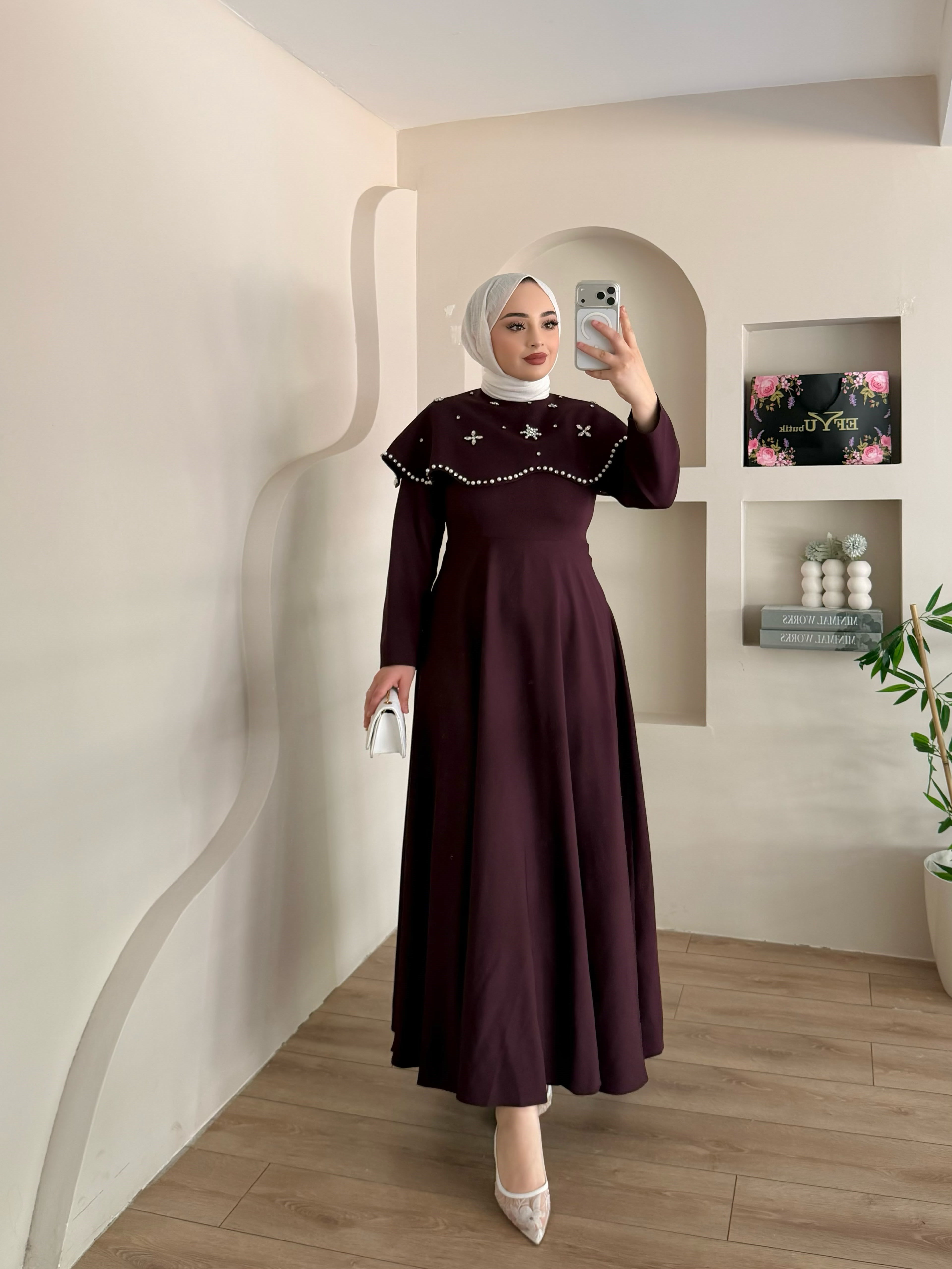 Bria Pelerinli Taş Boncuklu Elbise