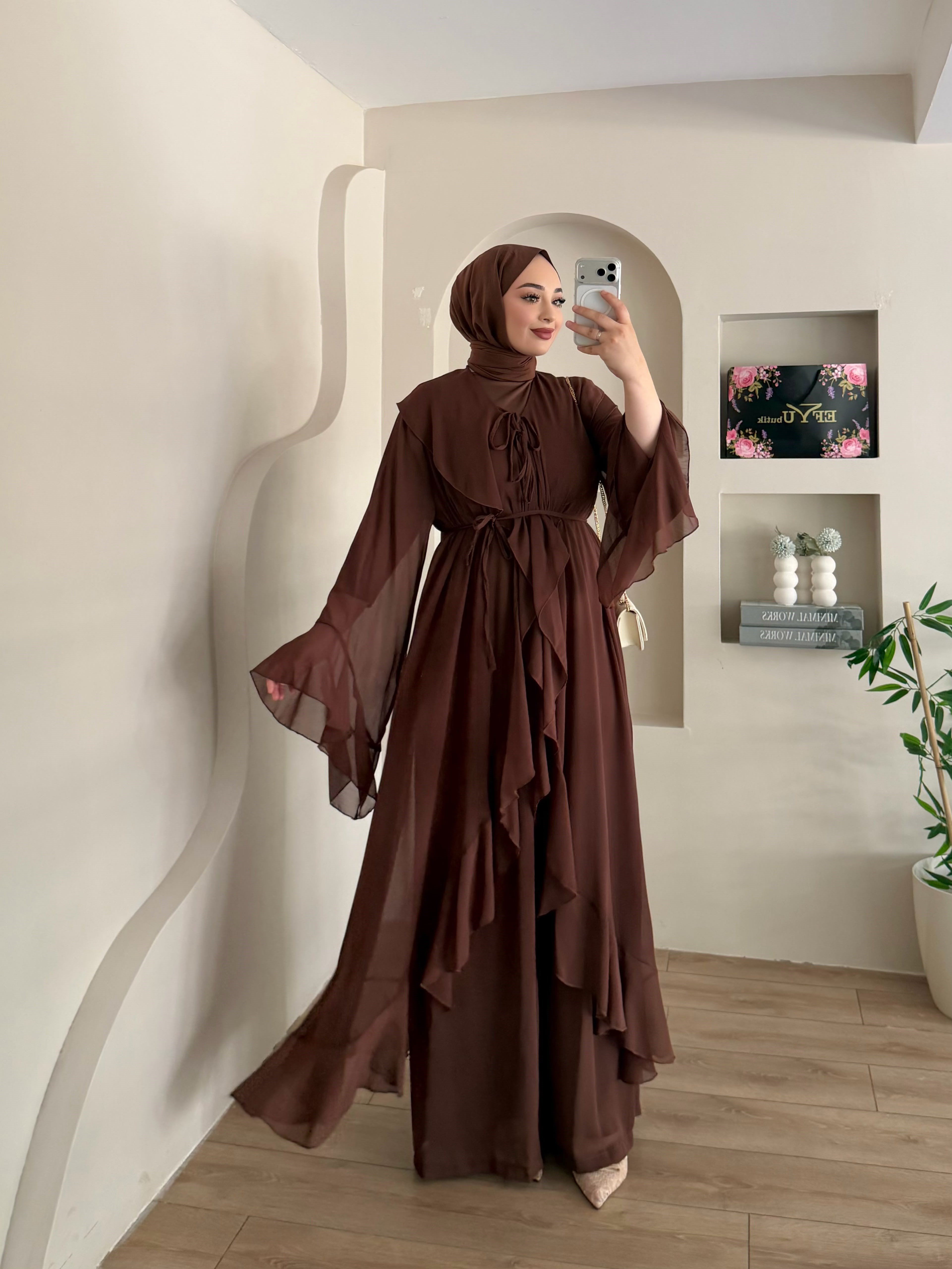 Hazel Ön Volanlı Şifon Üçlü  Abaya Takım