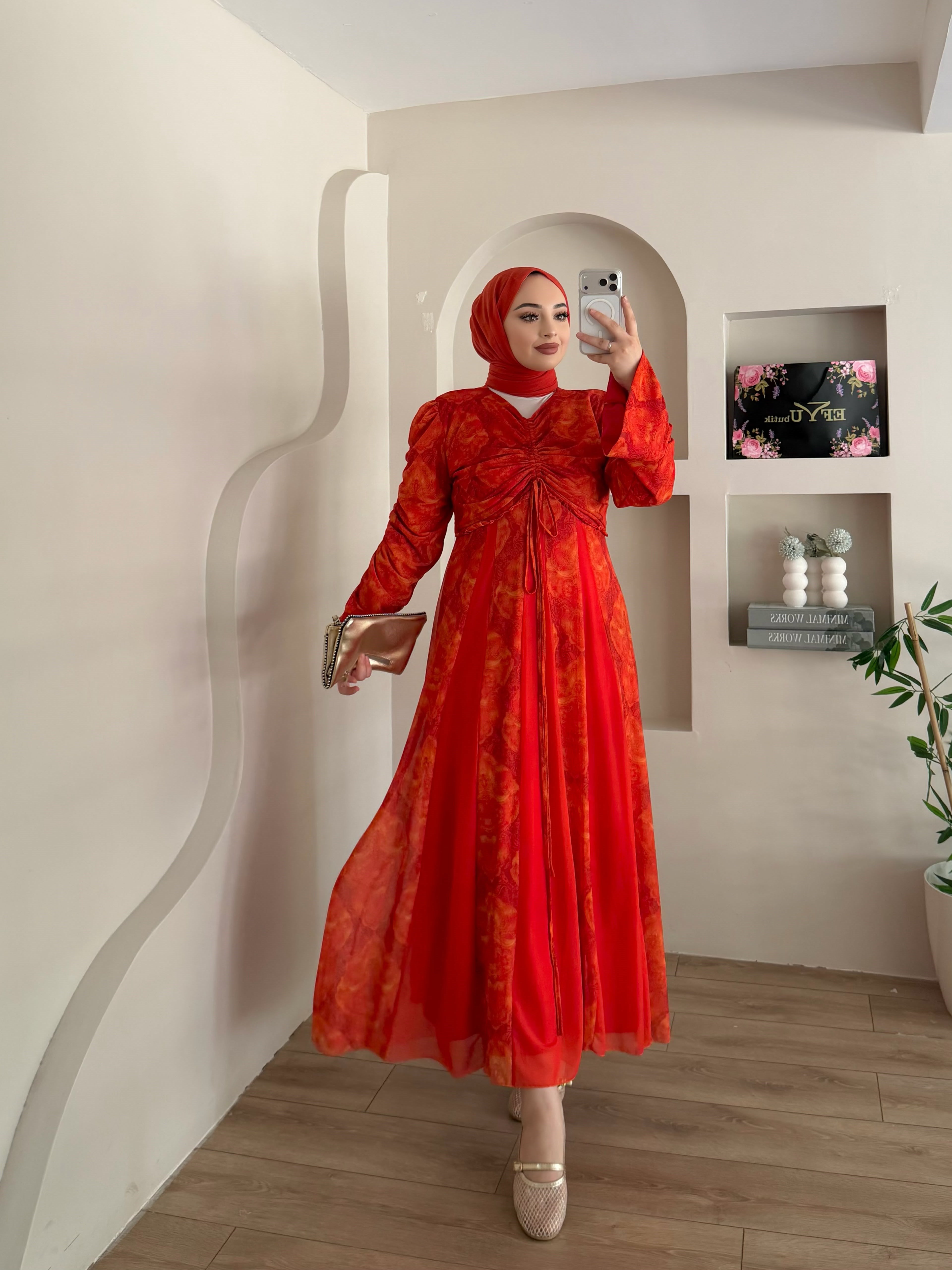 Lara Desen Baskılı Tül Şifon Elbise