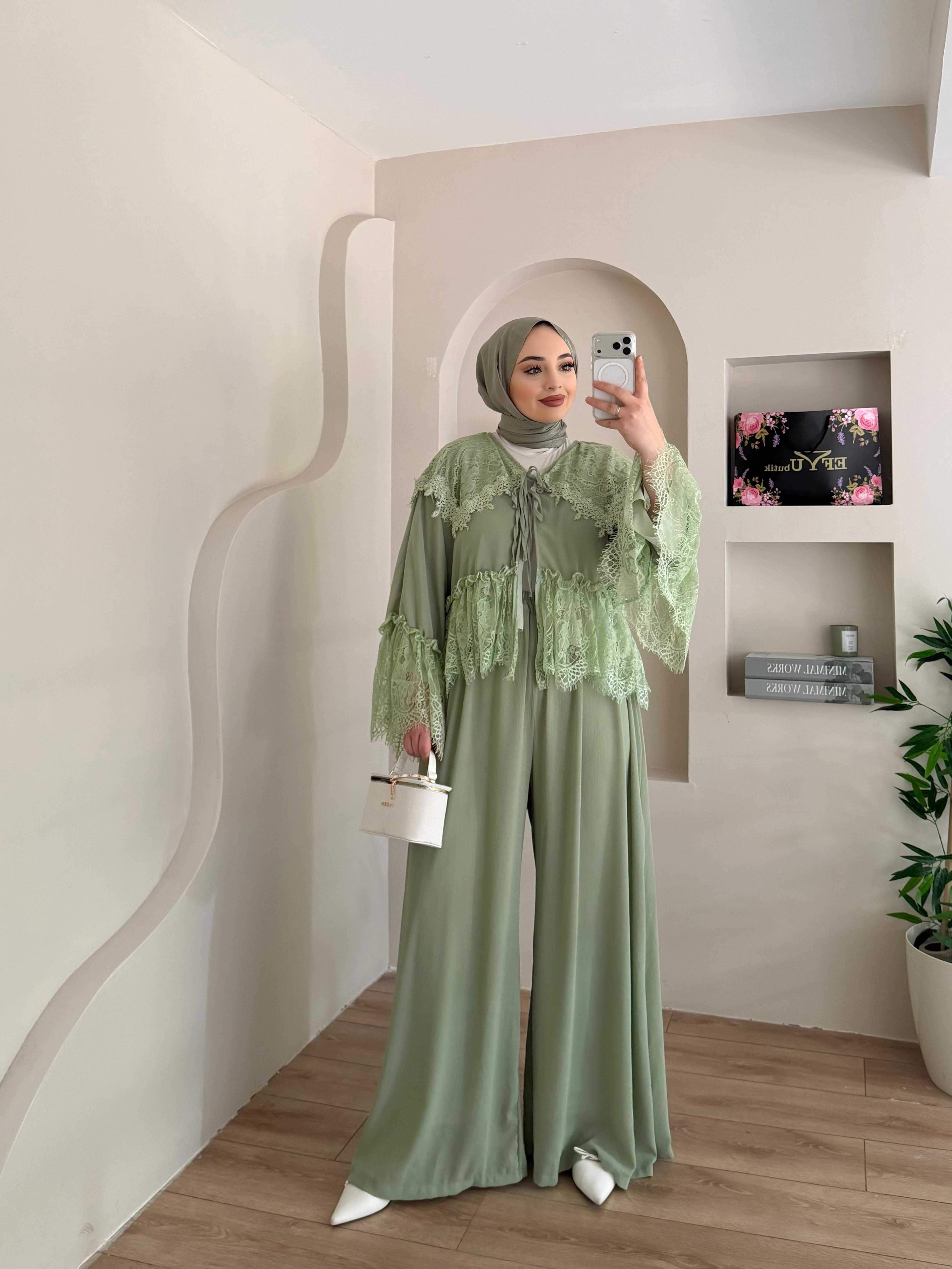 Lolly Dantel Detaylı Pantalonlu Şifon Takım