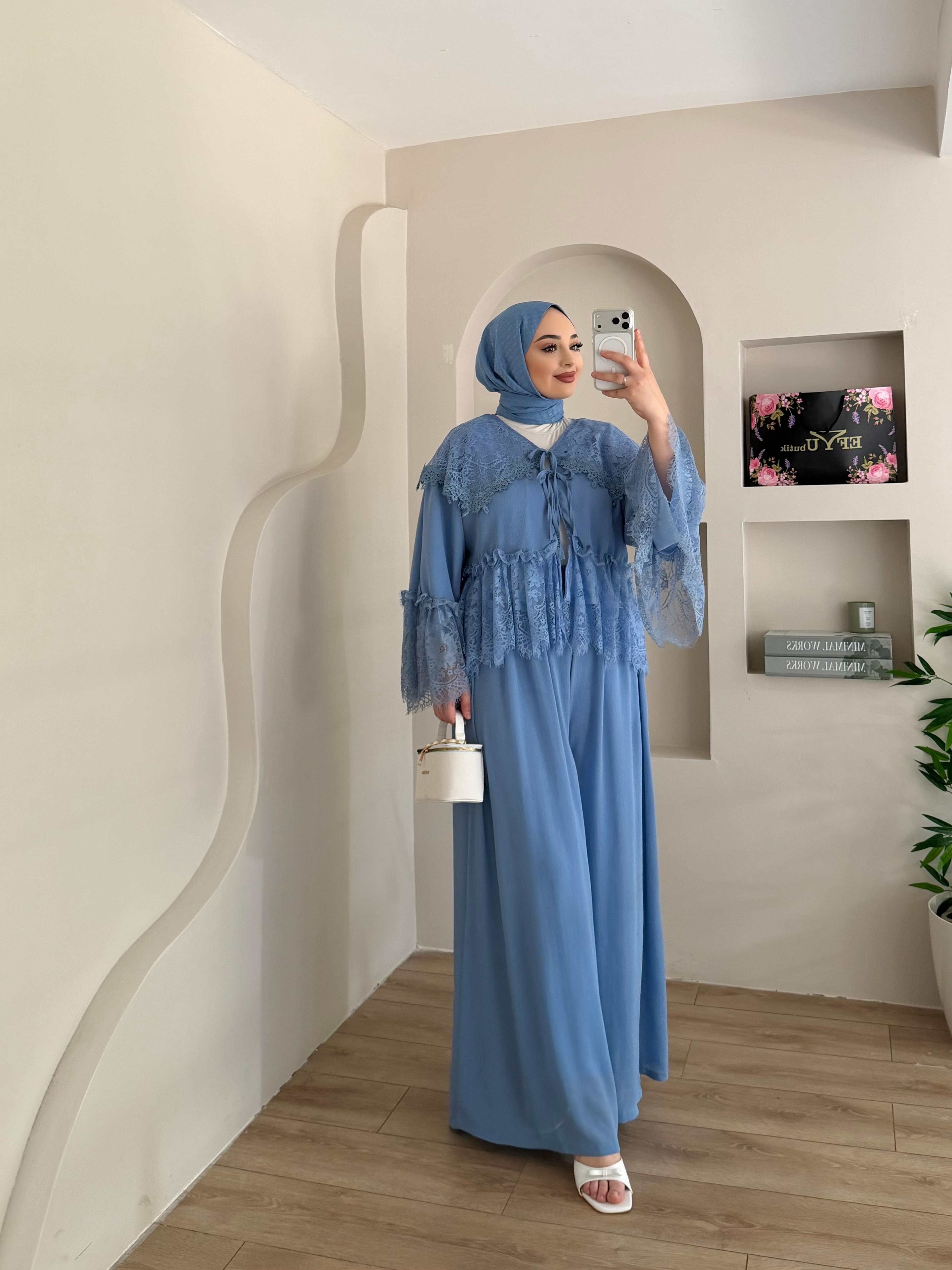 Lolly Dantel Detaylı Pantalonlu Şifon Takım