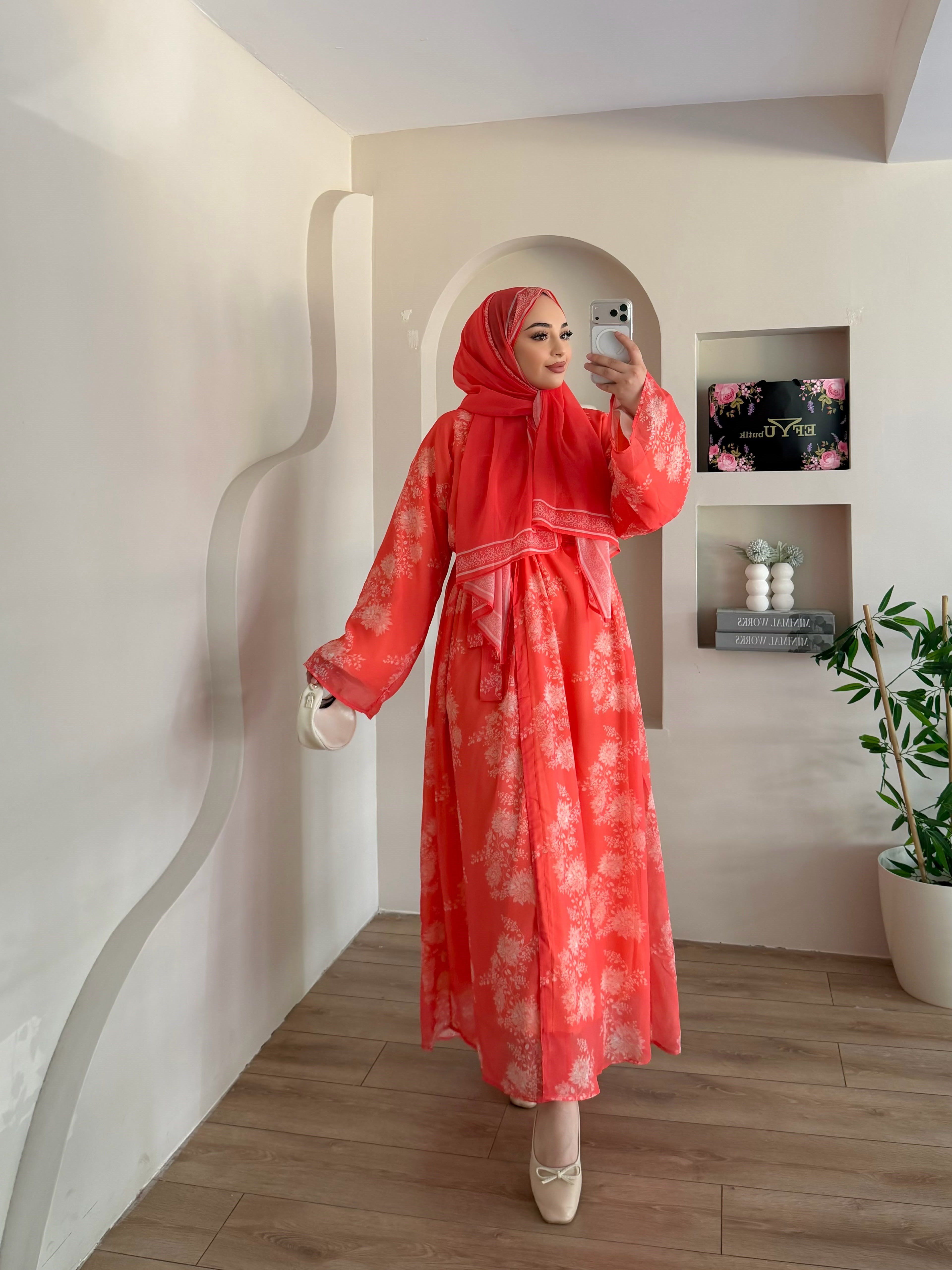 Mela Desenli Şallı Abaya