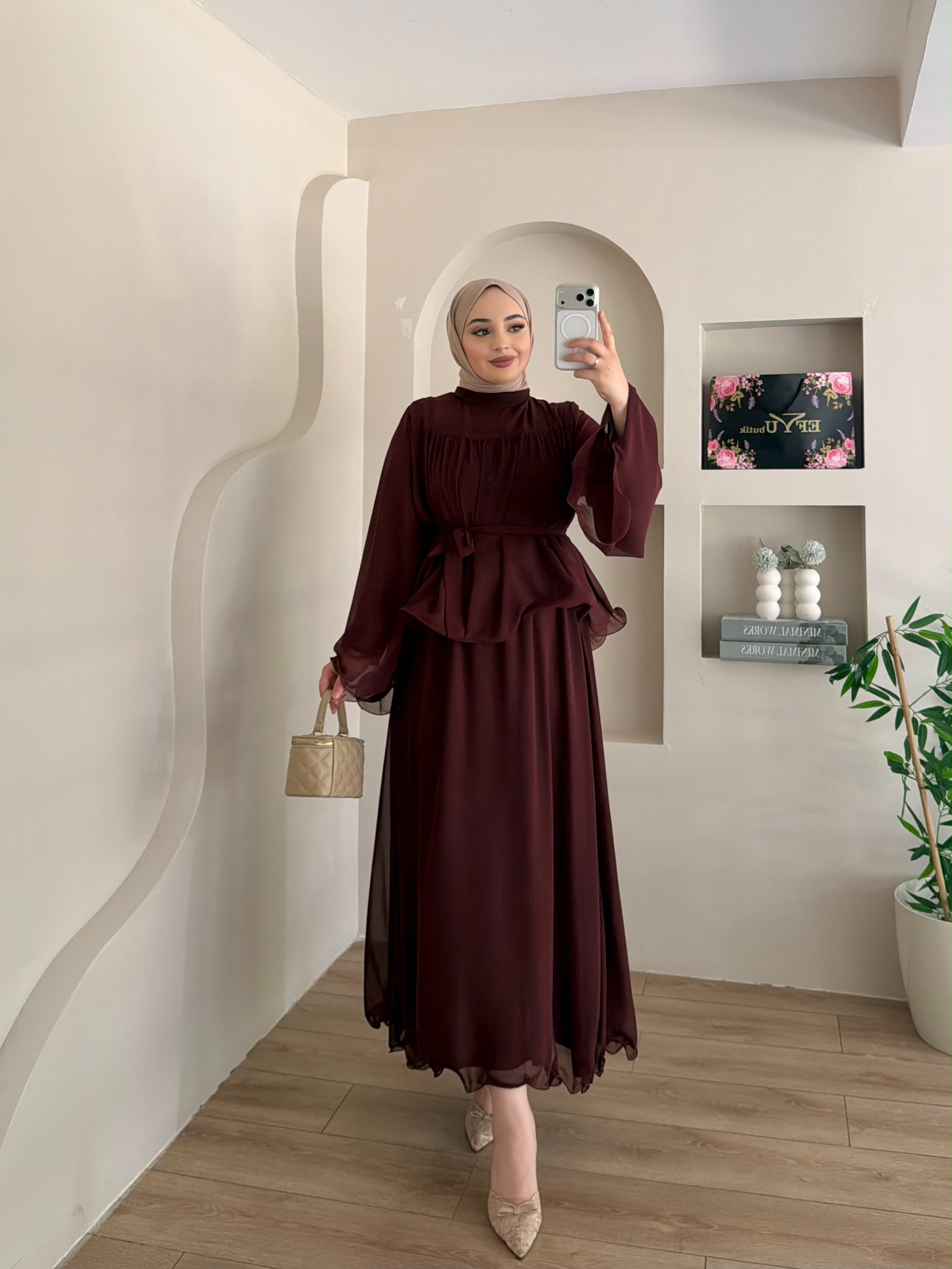Nazen Fırfır Detay Kemerli Etekli Takım