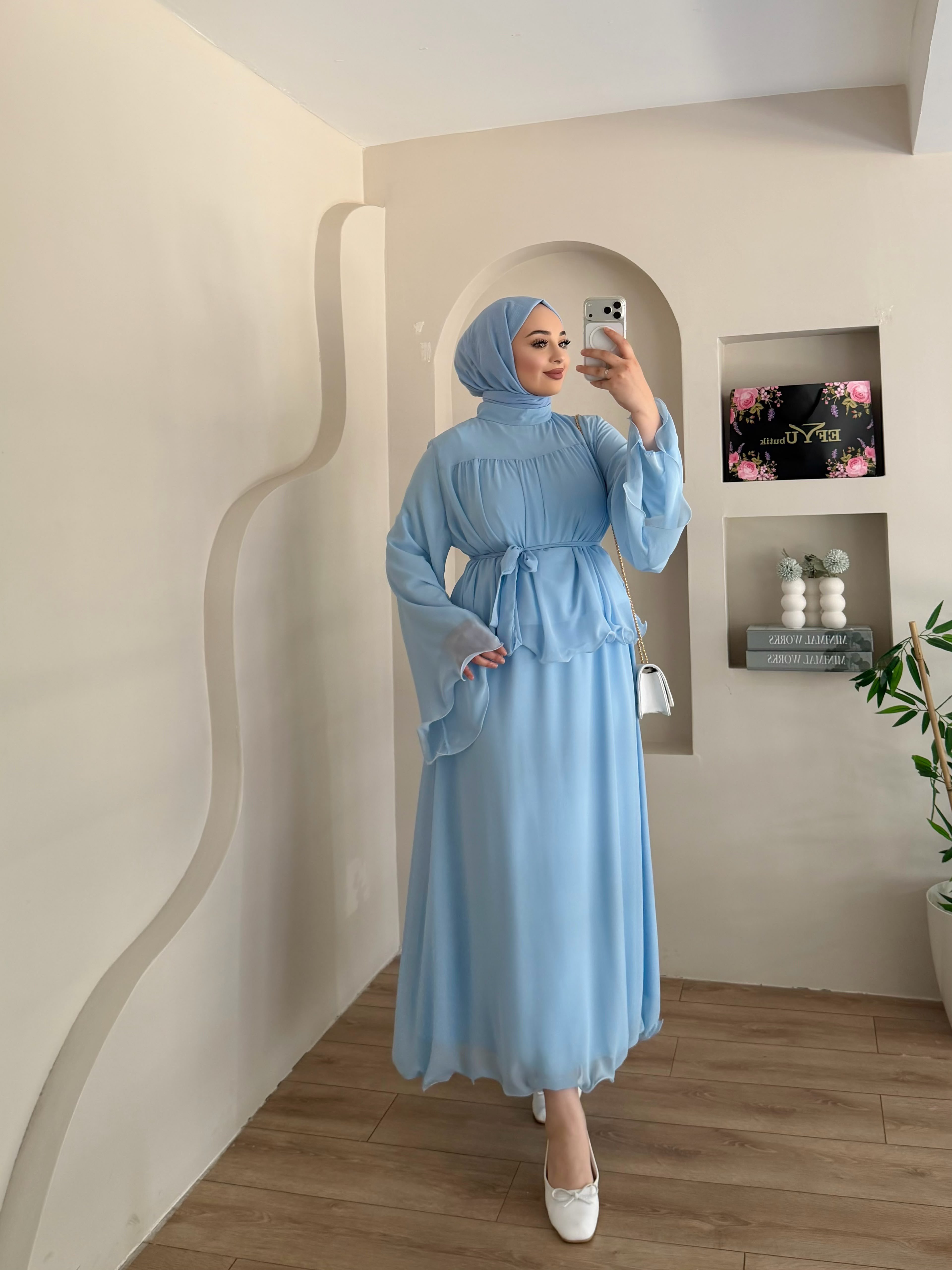 Nazen Fırfır Detay Kemerli Etekli Takım