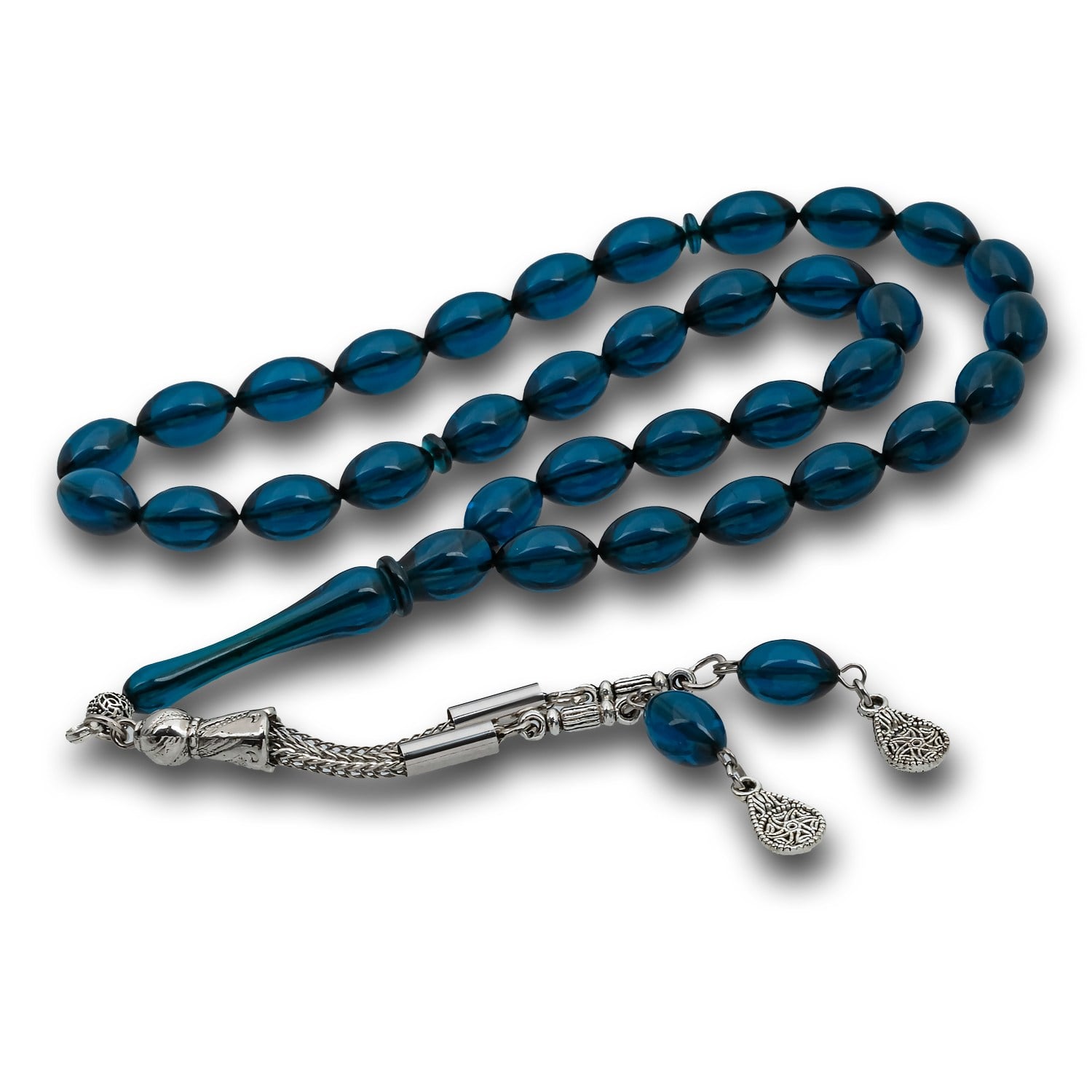 Metal Püsküllü Petrol Mavisi Arpa Kesim Tesbih