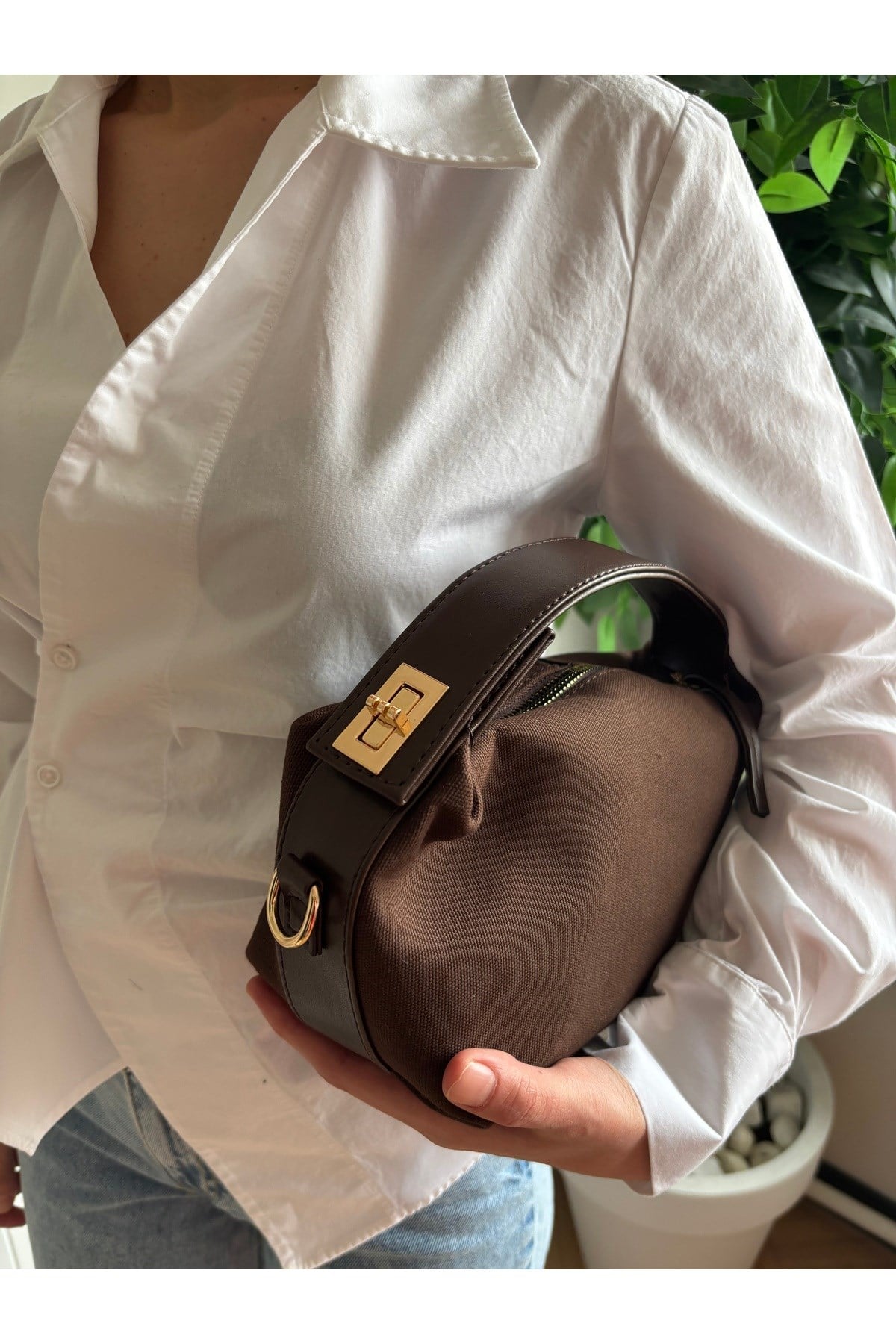 Kadın Lilyum Model Kilit Detaylı Keten El & Çapraz Çanta