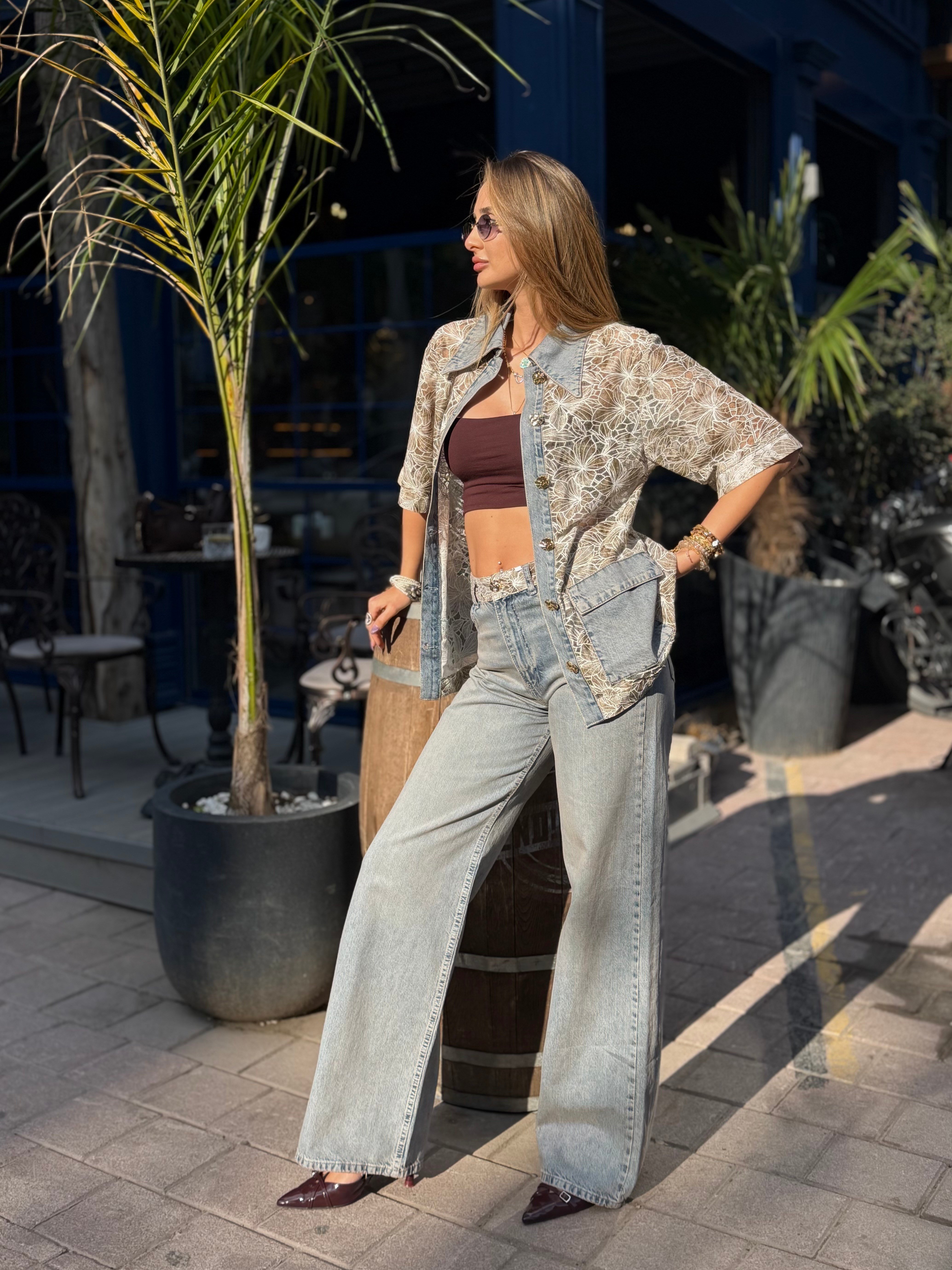 Bianca Çiçek Desen Bel Detaylı Jean