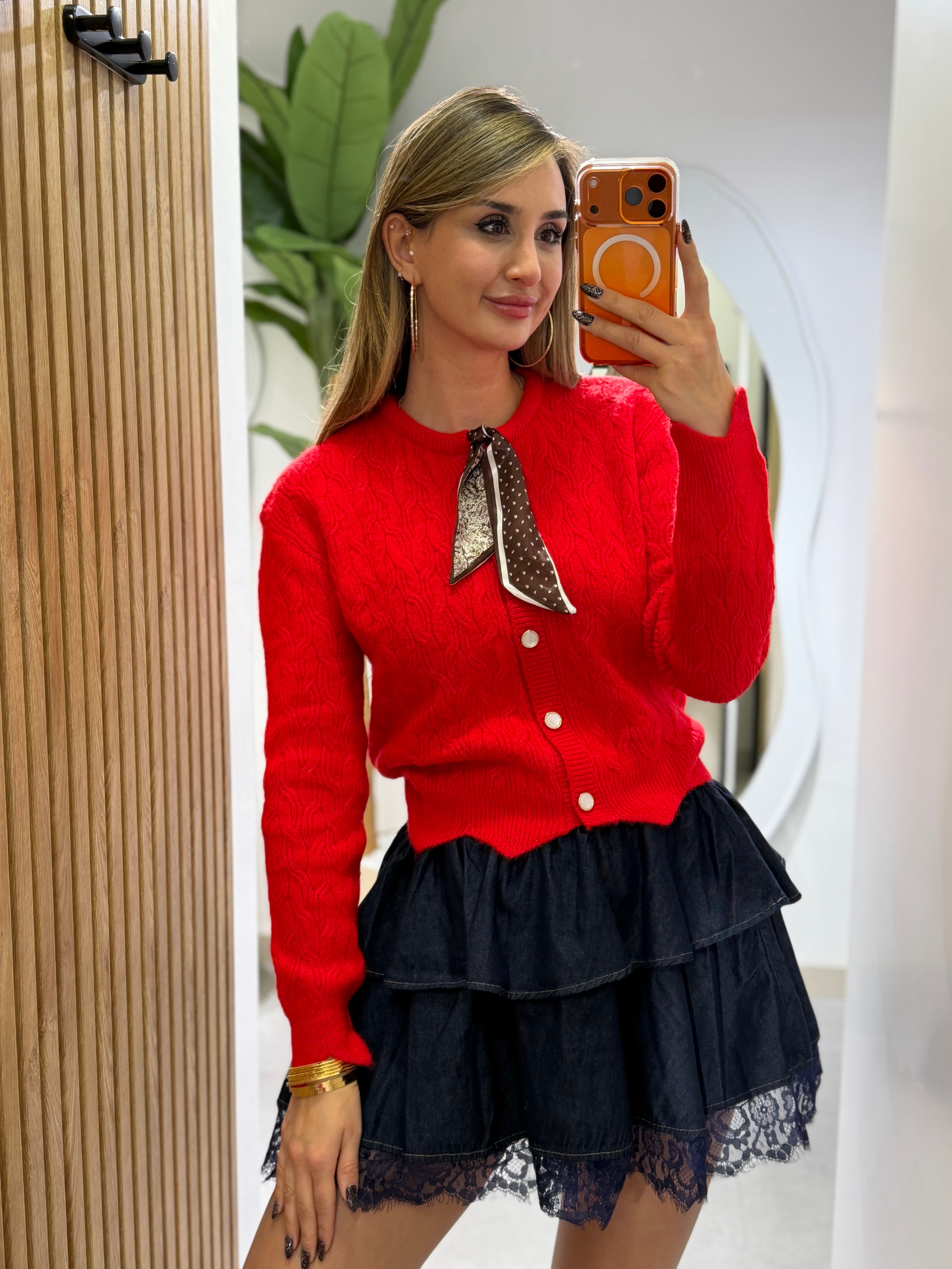 Diana Fularlı Örgü Model Hırka Kırmızı
