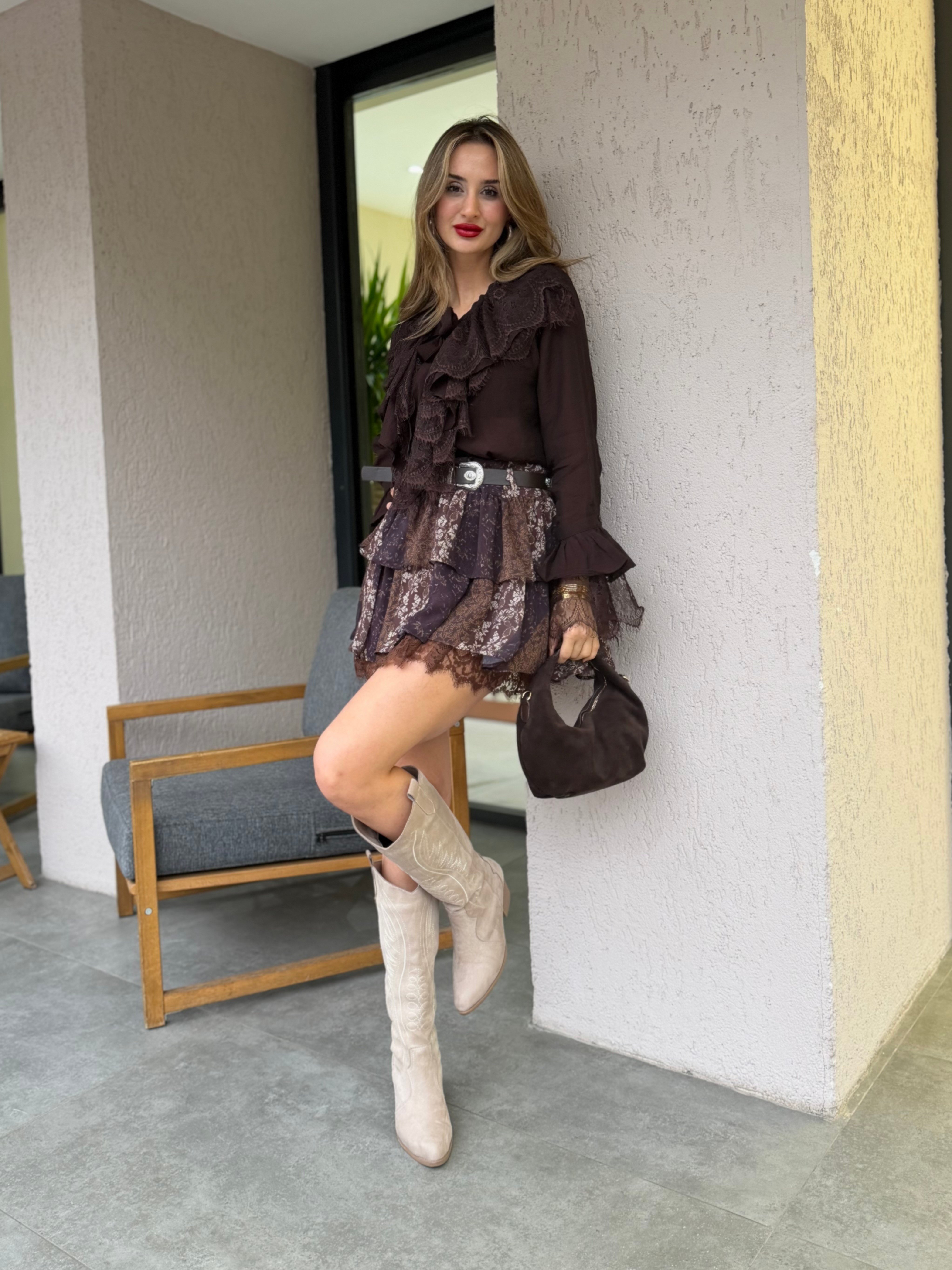 Flora Kendinden Kemerli Dantelli Pileli Mini Etek