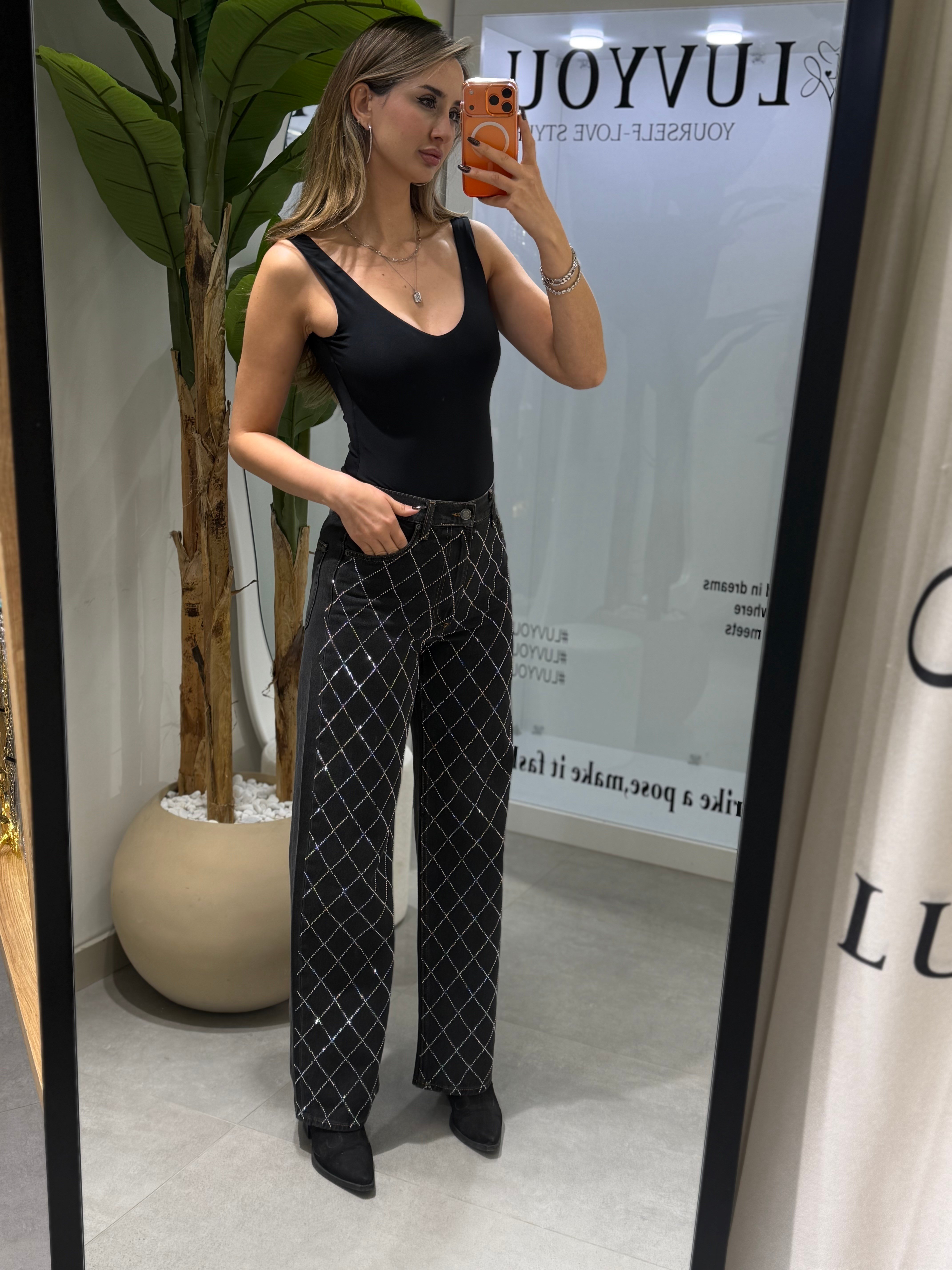 Lola Baklava Desen Taşlı Jean Siyah