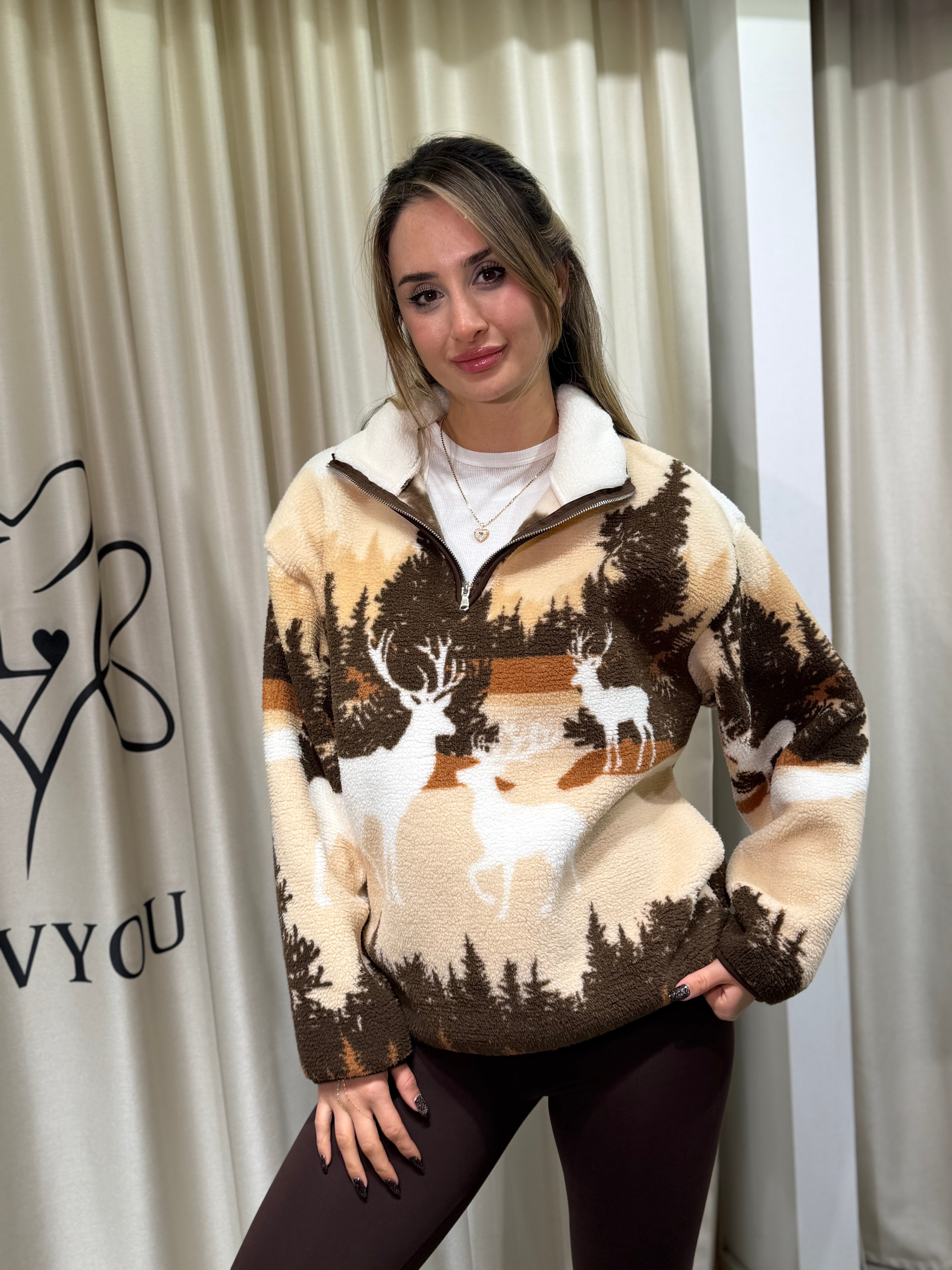 Rex Geyikli Peluş sweatshirt Kahverengi-Ekru