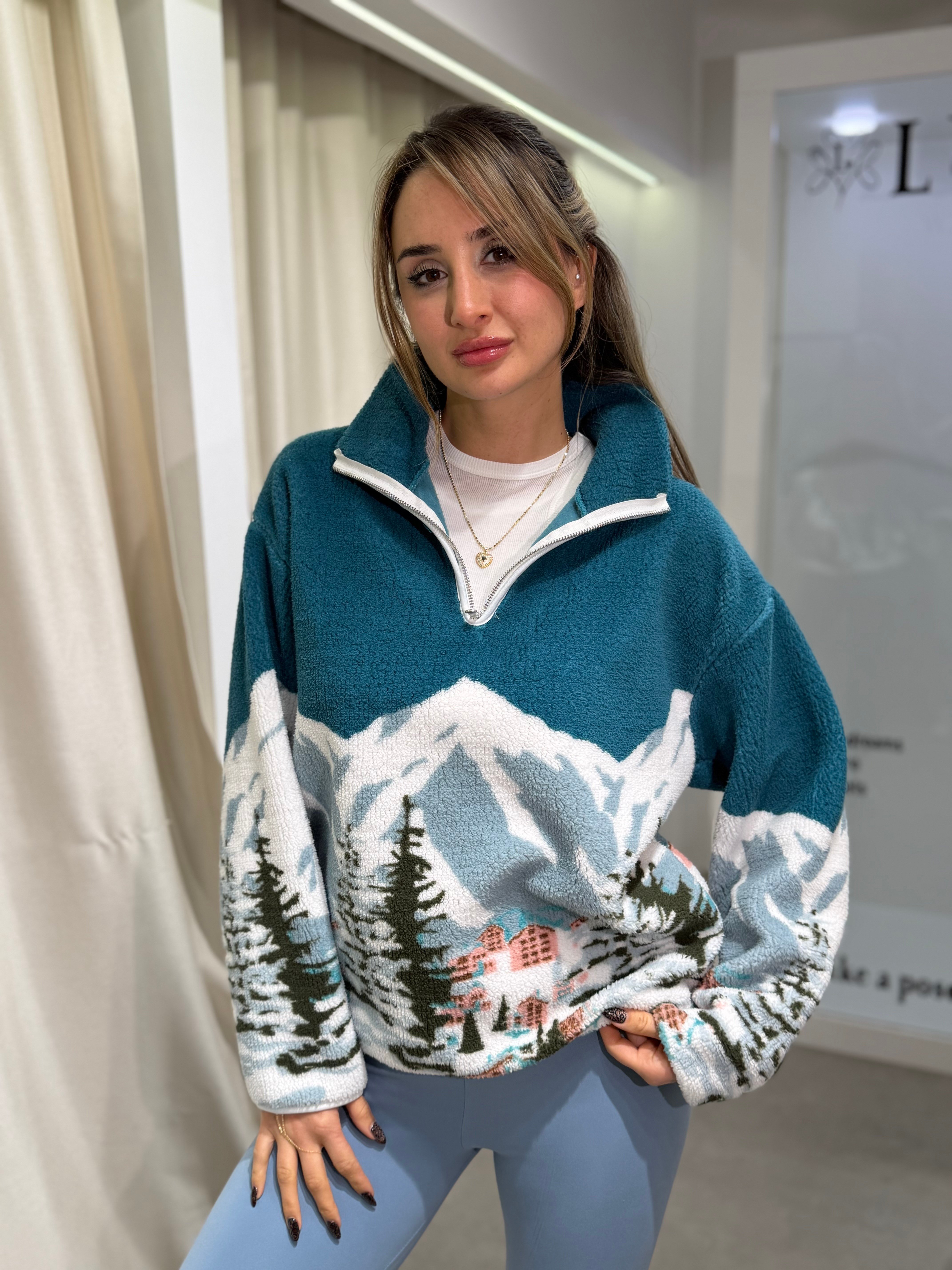 Rex Peluş Arkası Yazılı Sweatshirt Mavi-Ekru