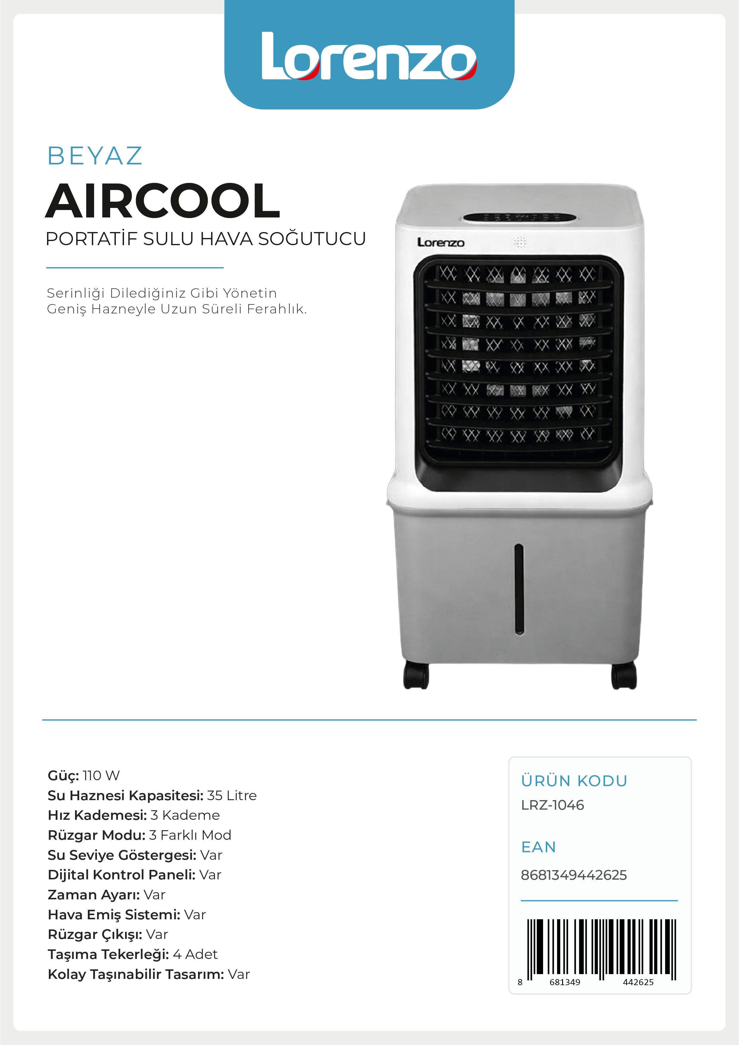 LORENZO - AİRCOOL PORTATİF SULU HAVA SOĞUTUCU 110W 40LT