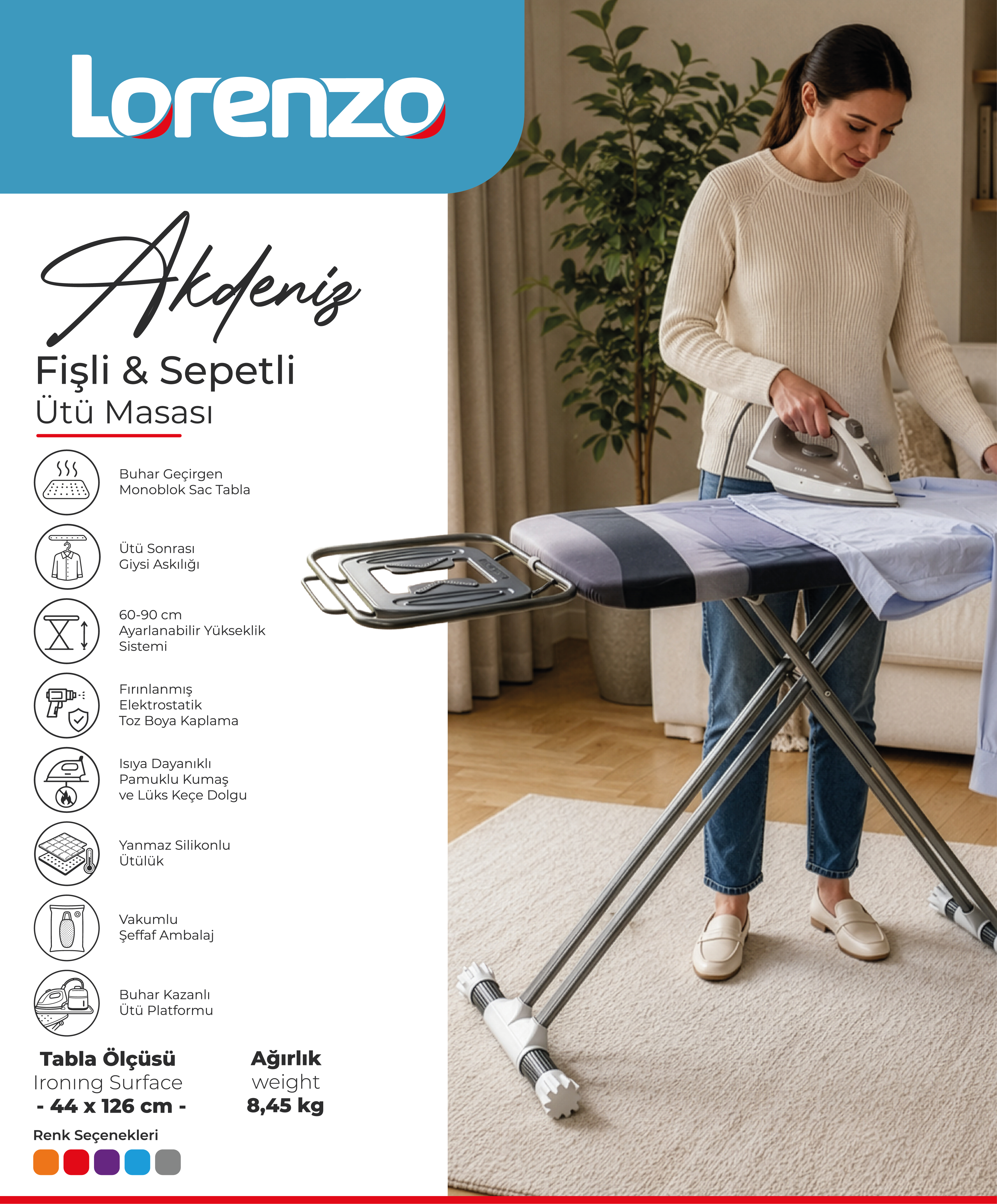 LORENZO - AKDENİZ LUX ÜTÜ MASASI FİŞLİ&SEPETLİ 44*126