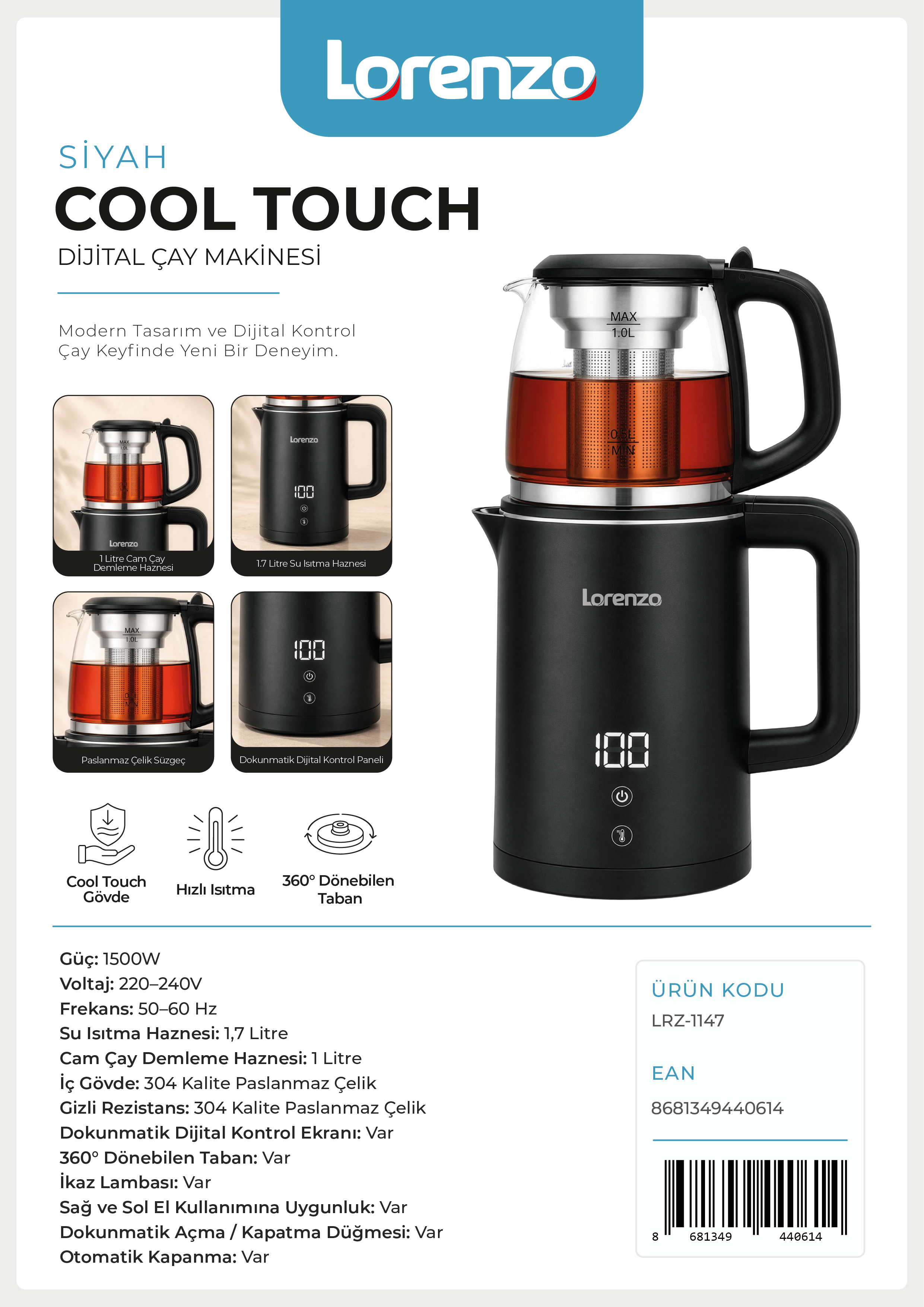LORENZO - COOL TOUCH GİZLİ EKRANLI DİJİTAL ÇAY MAKİNESİ 1500 W SİYAH