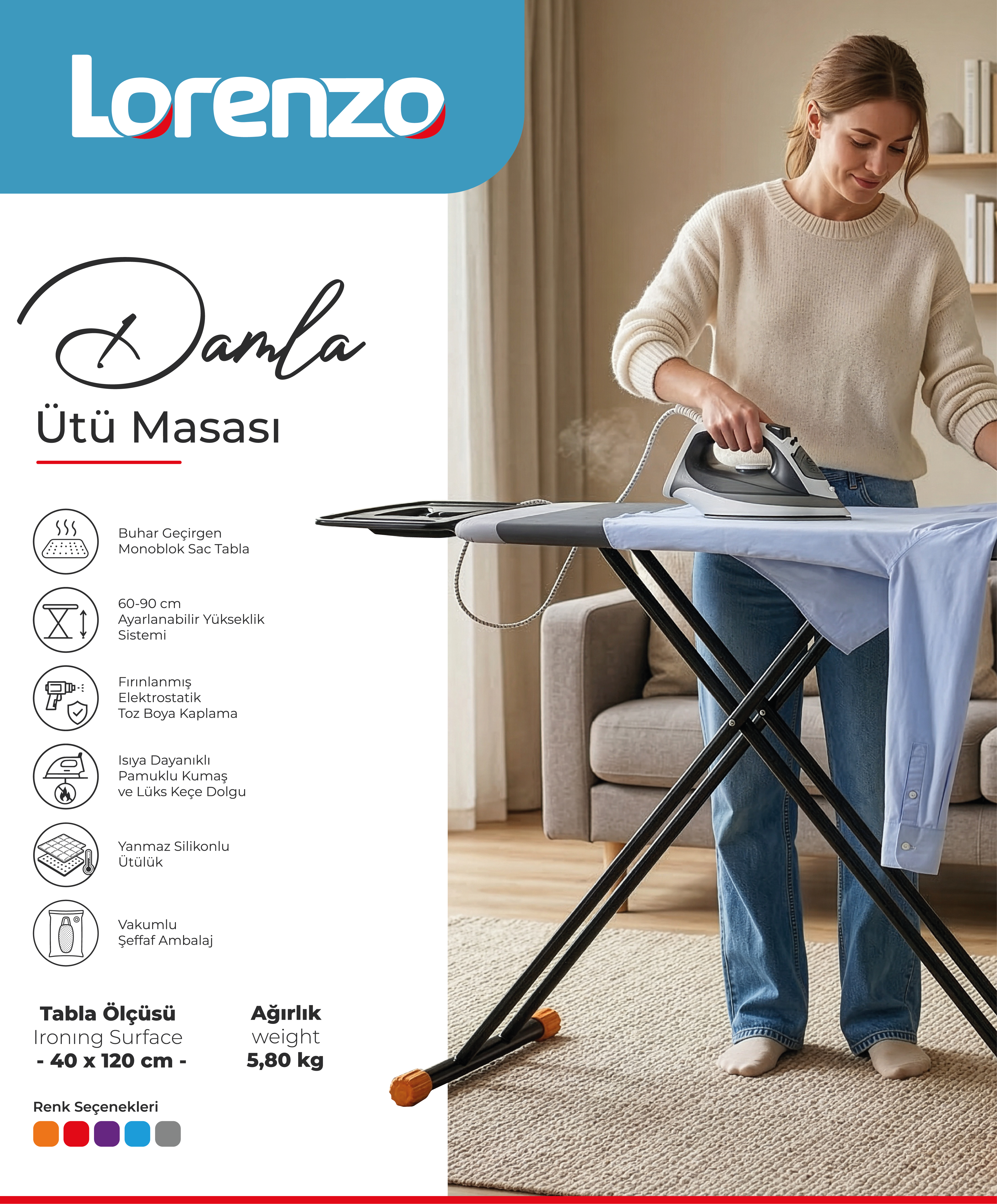 LORENZO - DAMLA ÜTÜ MASASI 40*120