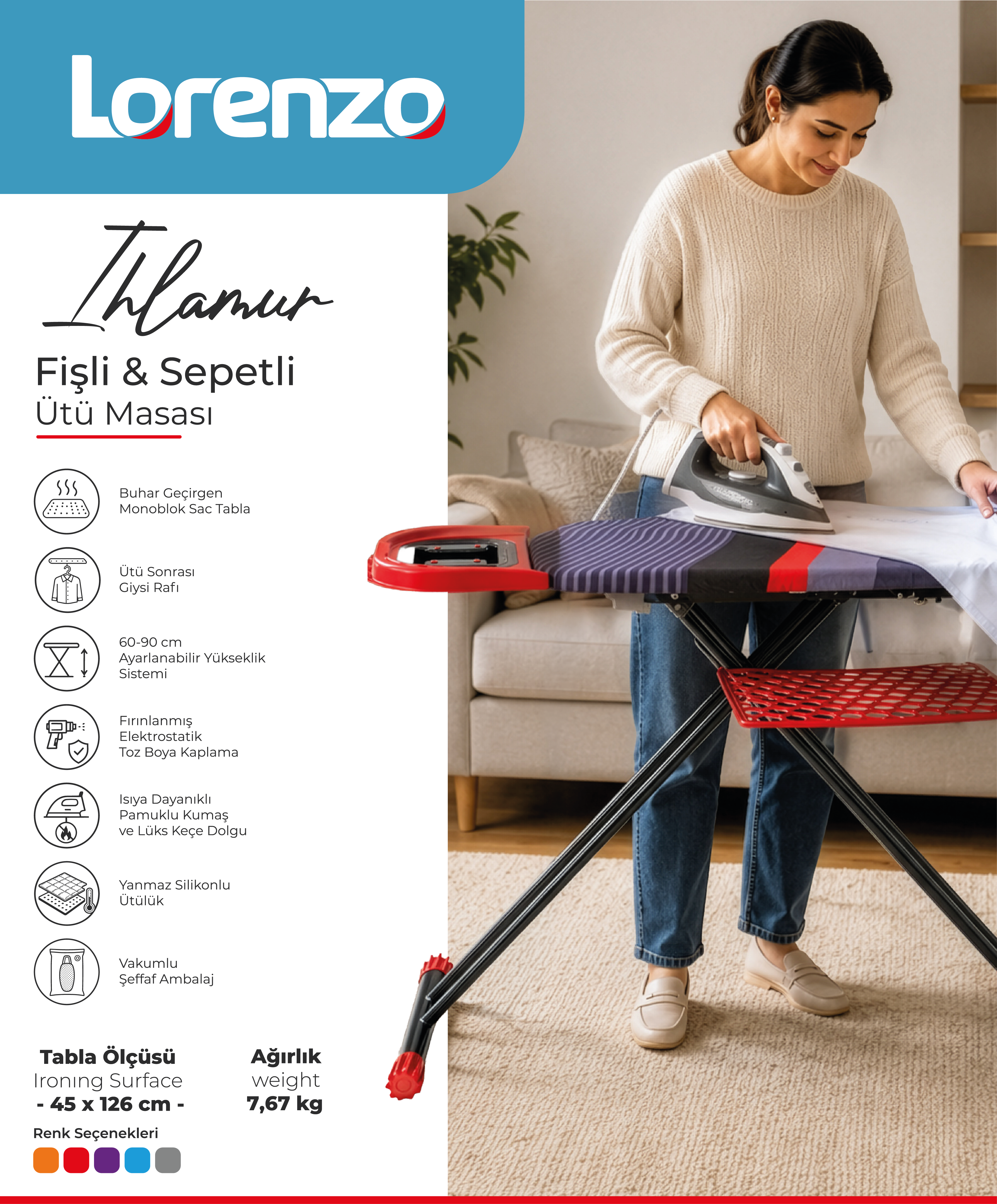 LORENZO - IHLAMUR ÜTÜ MASASI FİŞLİ&SEPETLİ 45*126
