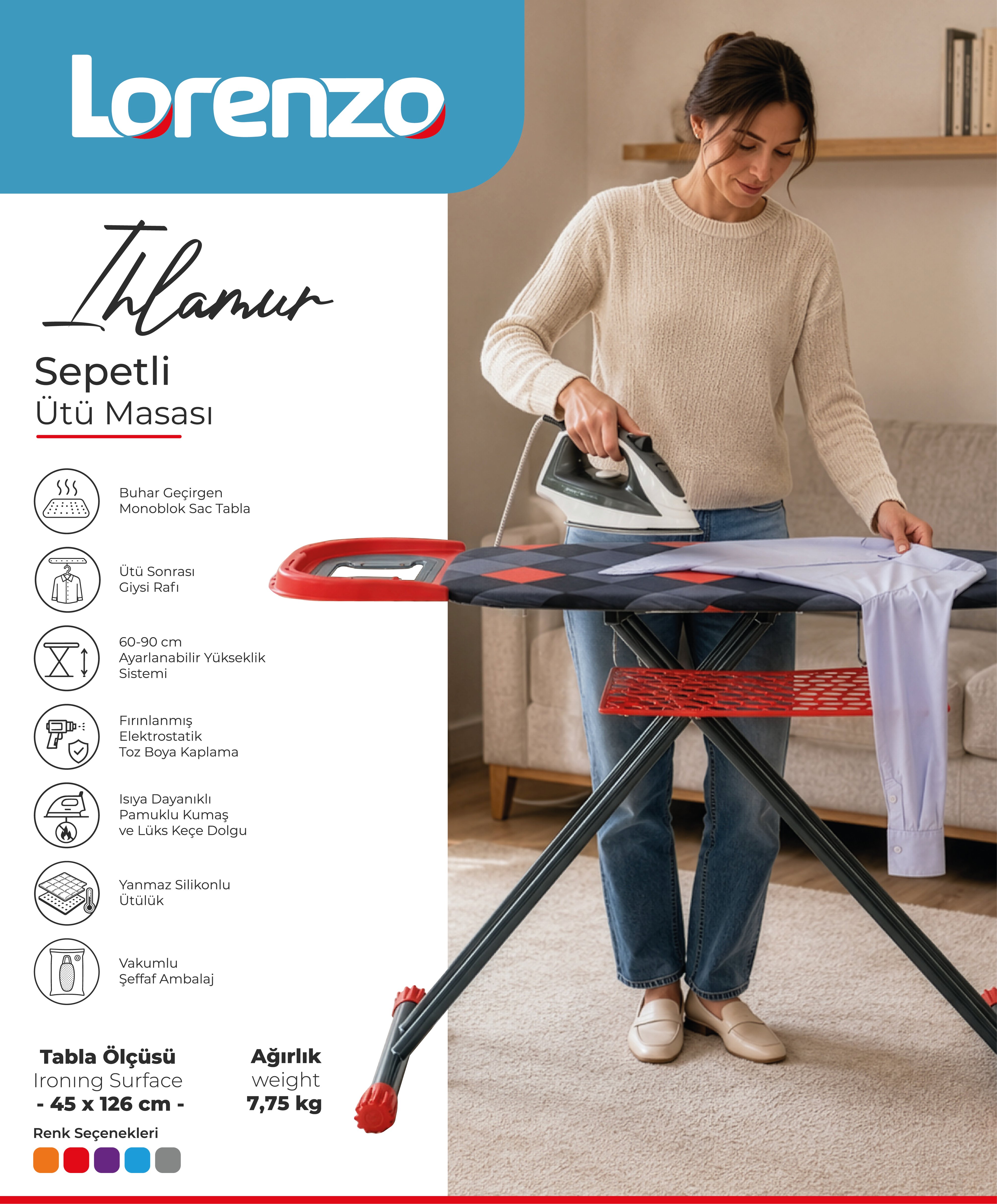 LORENZO - IHLAMUR ÜTÜ MASASI SEPETLİ 45*126