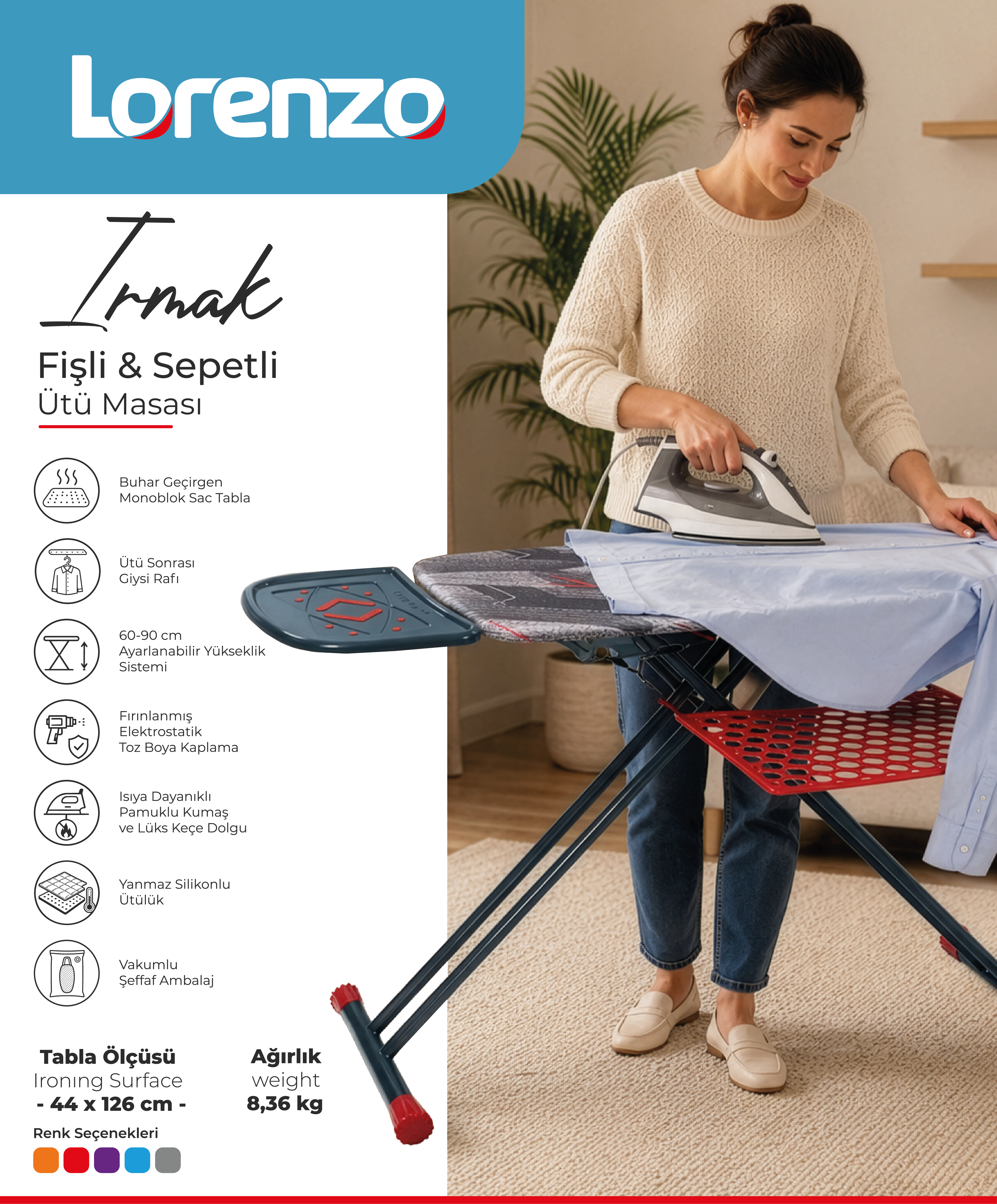 LORENZO - IRMAK ÜTÜ MASASI FİŞLİ SEPETLİ 44*126