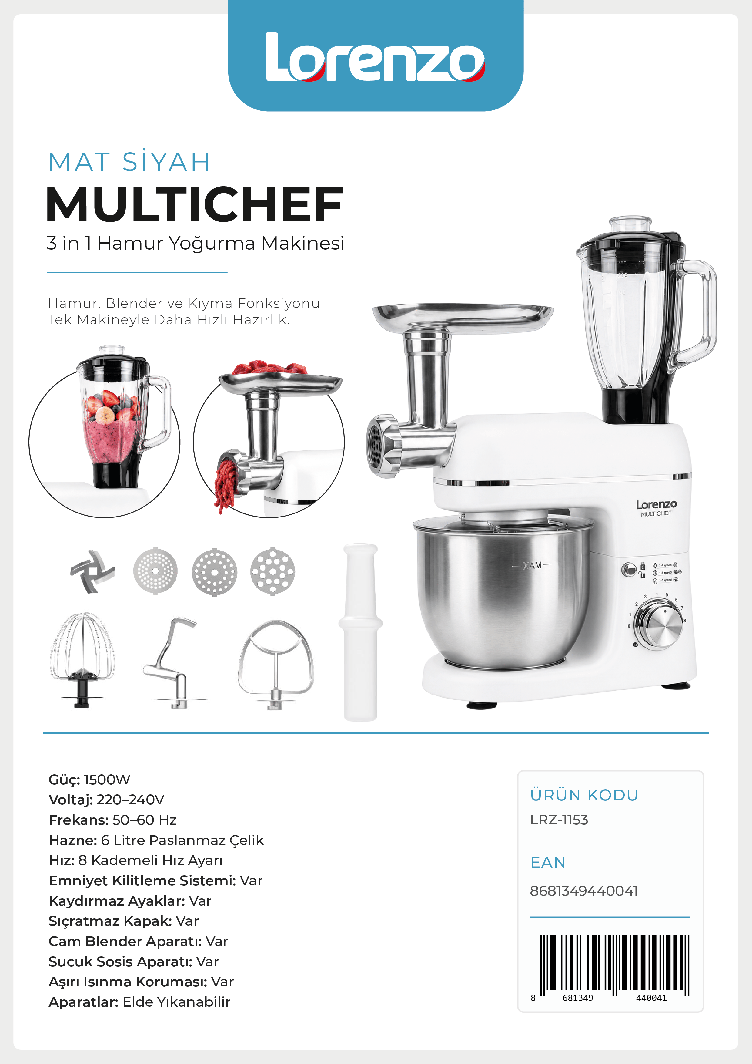 LORENZO - MULTICHEF 3 in 1 HAMUR YOĞURMA BLENDER ET KIYMA MAKİNESİ MATTE WHİTE