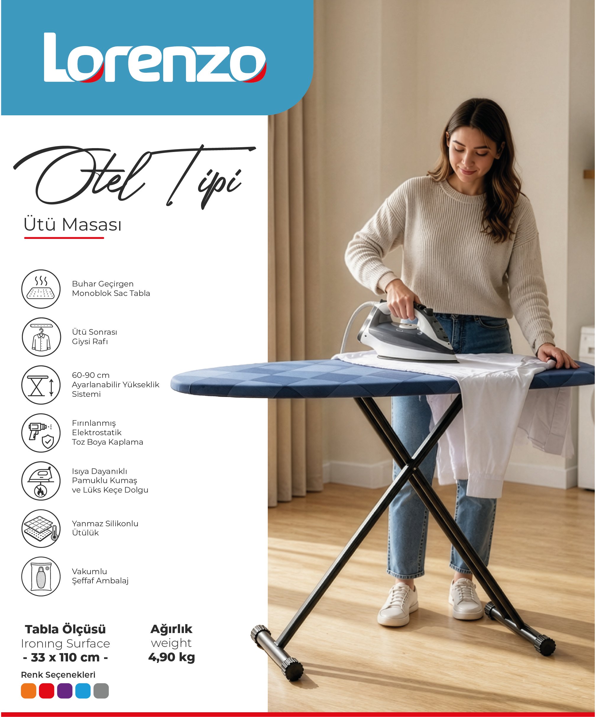 LORENZO - OTEL TİPİ ÜTÜ MASASI 33*110