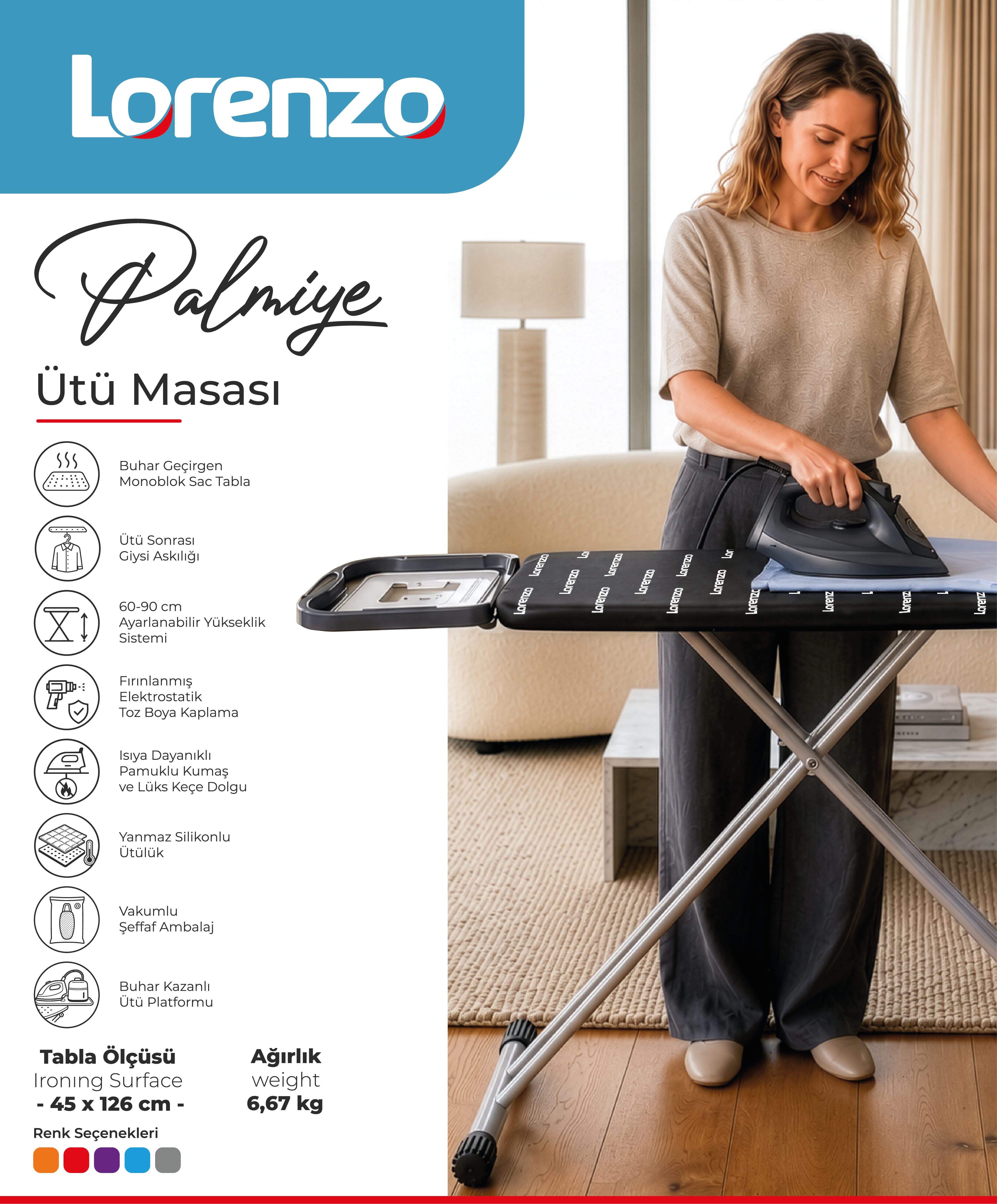 LORENZO - PALMİYE ÜTÜ MASASI 45*126