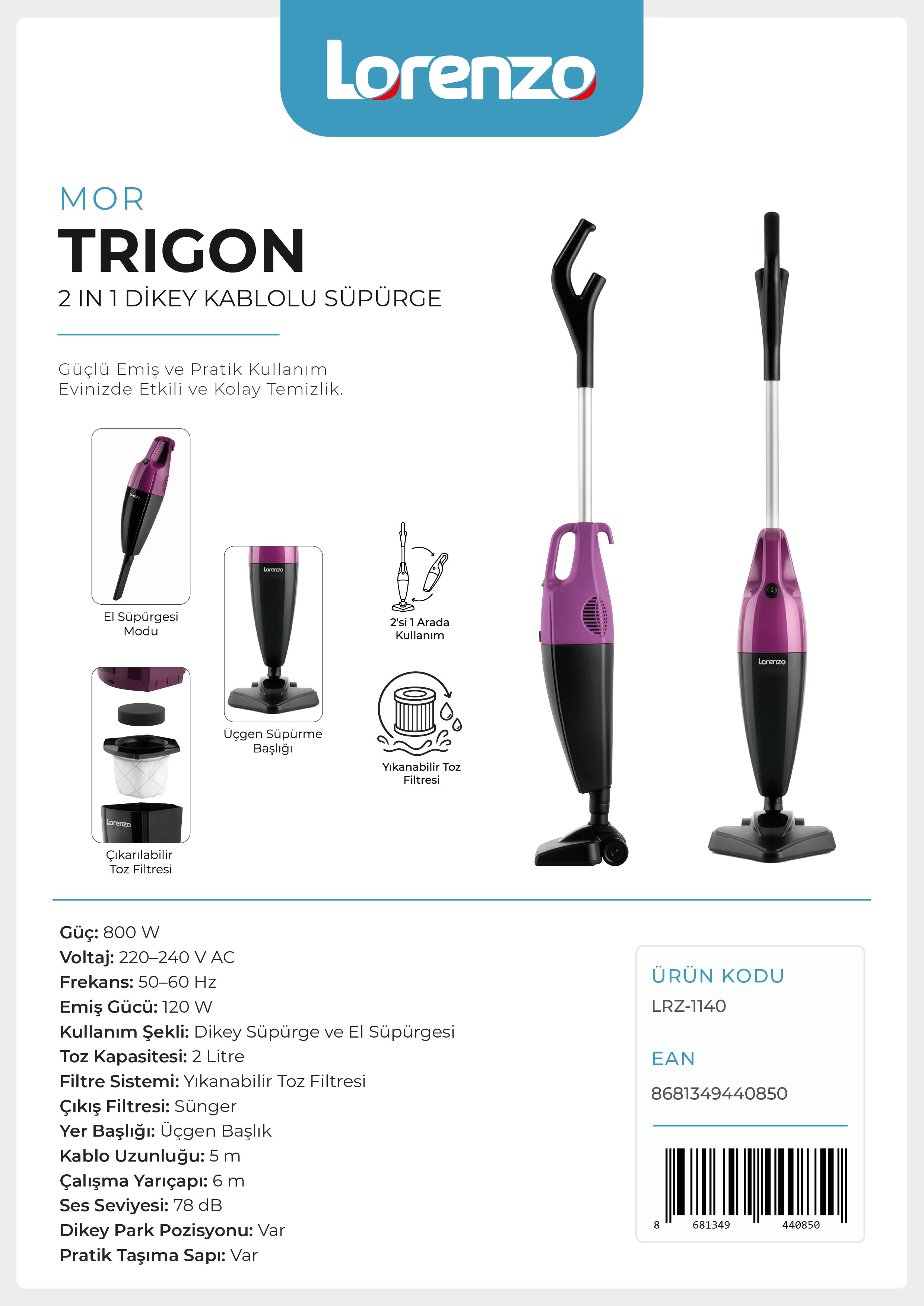 LORENZO - TRIGON 2 İN 1 KABLOLU DİKEY SÜPÜRGE BORDO 800 W