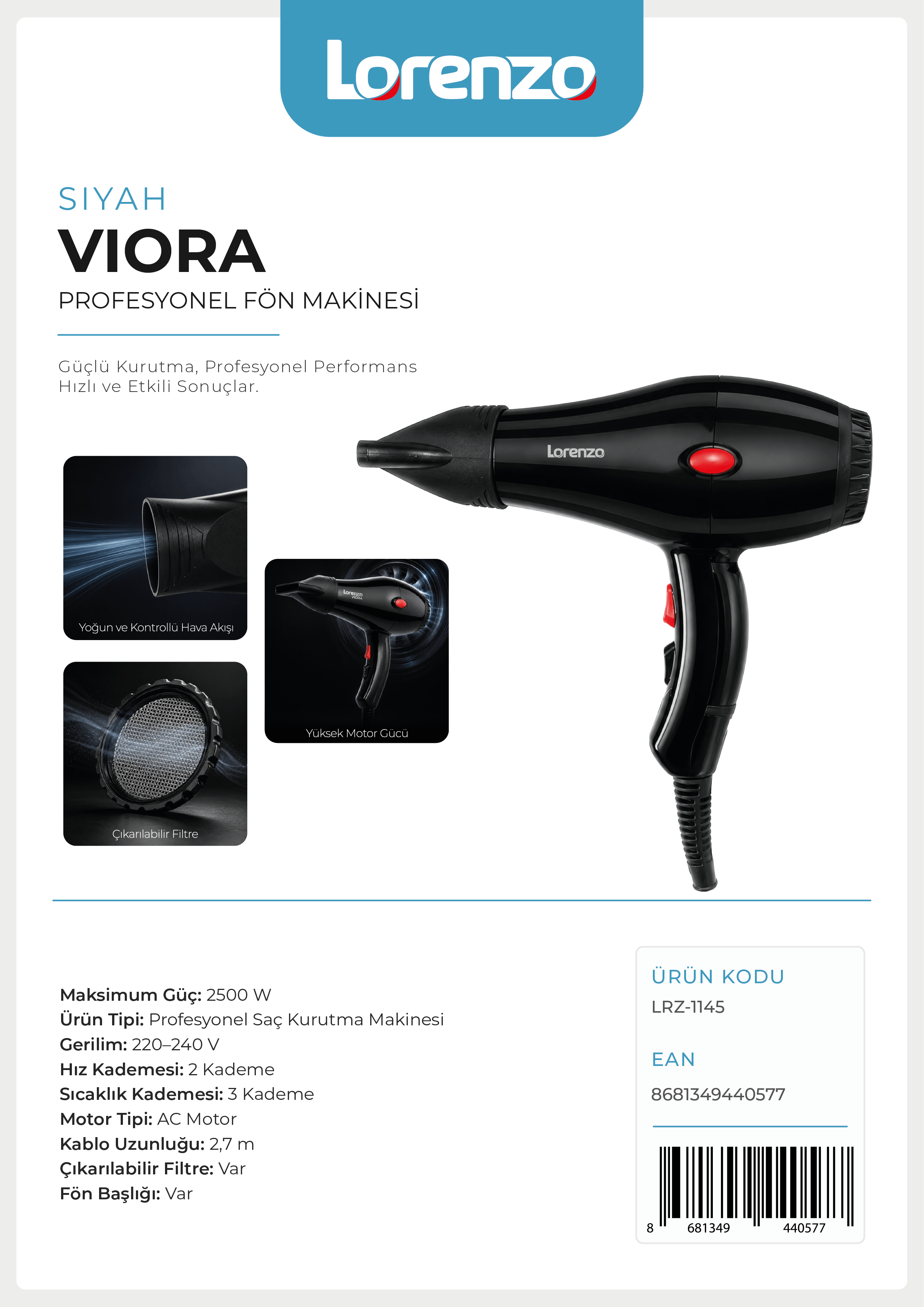LORENZO - VIORA 2500 W AC İYONLU PROFESYONEL FÖN MAKİNESİ