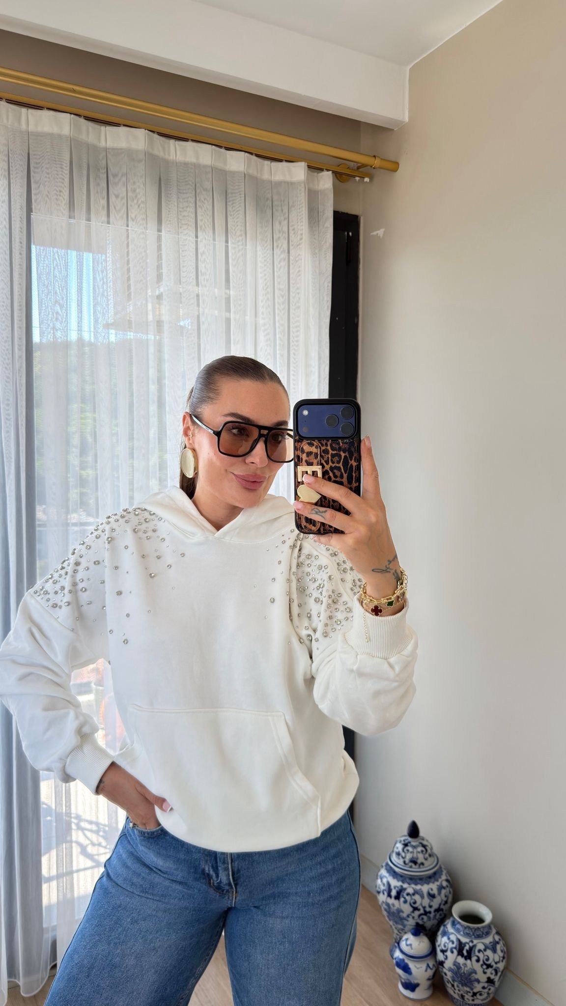 Premium Taşlı Kapüşonlu Sweatshirt 