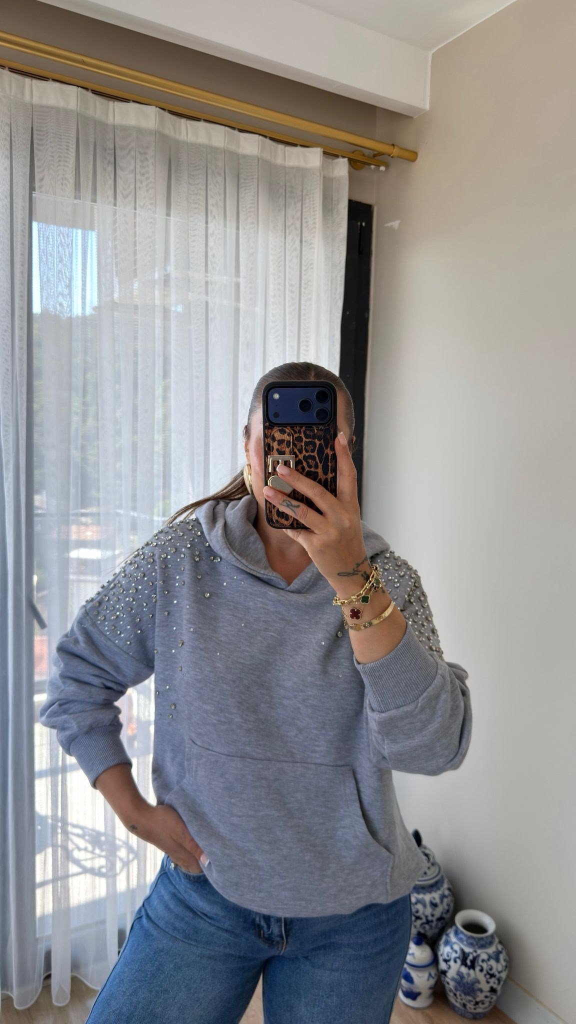Premium Taşlı Kapüşonlu Sweatshirt 