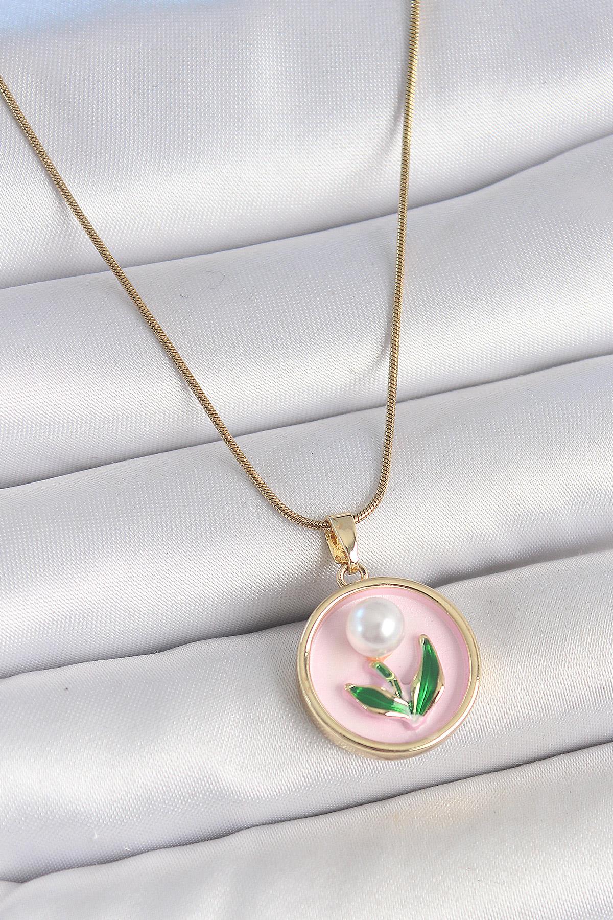 316L Çelik Gold Renk Zincir Pembe Mineli İncili Çiçek İşlemeli Portre Model Kadın Kolye