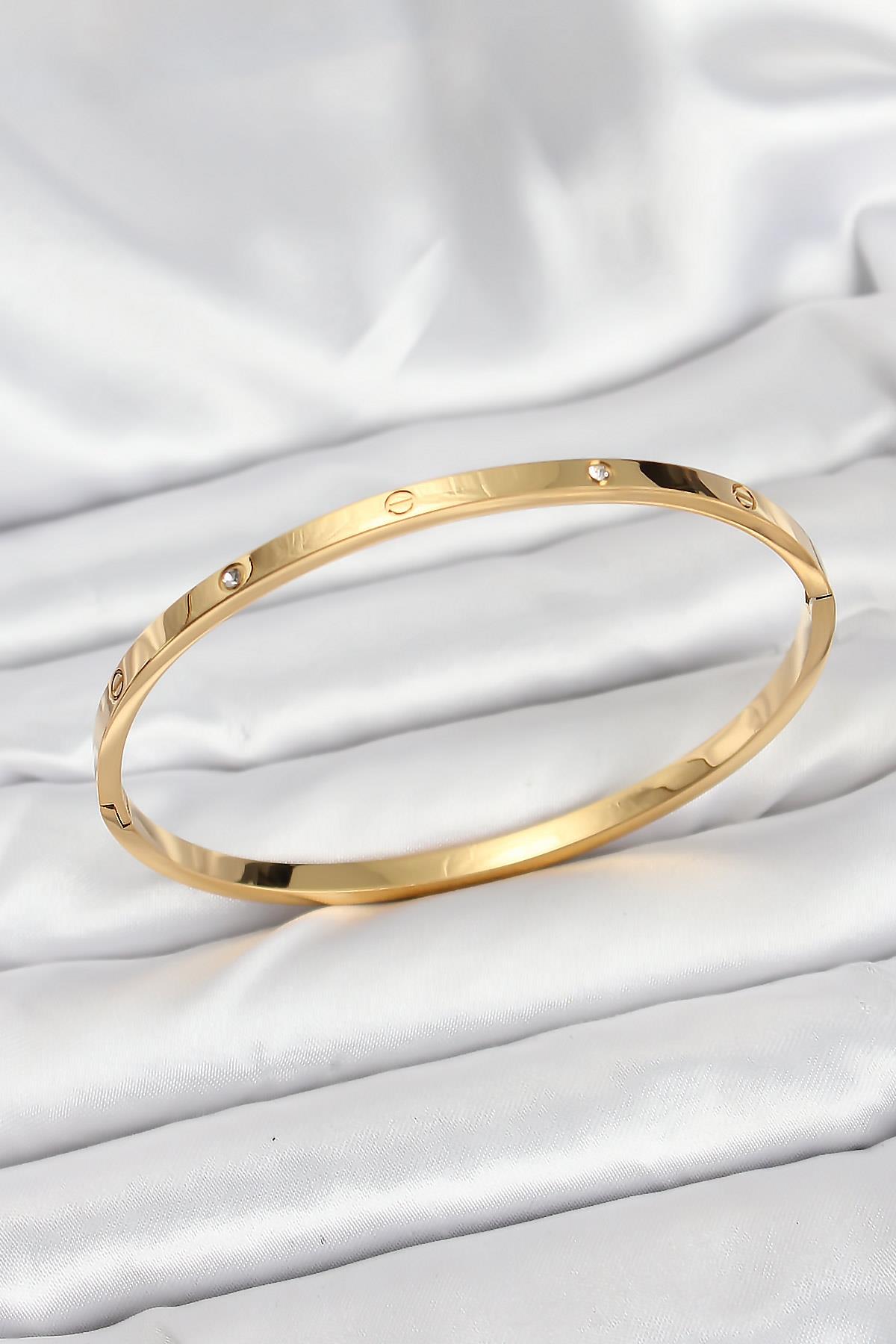 316L Çelik Gold Renk Zirkon Taşlı 65 mm İnce Kadın Kelepçe Bileklik