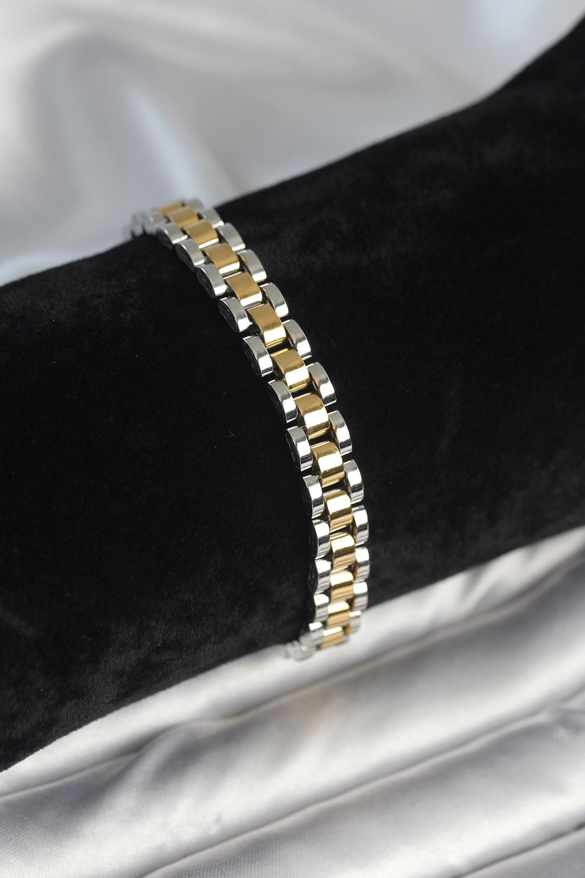316L Çelik Gold ve Gümüş Renk 7 mm Kalınlık Erkek Bileklik