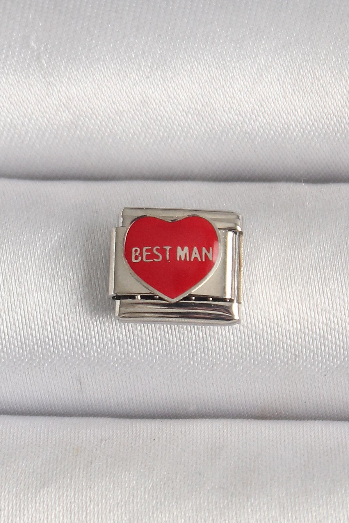 316L Çelik Gümüş Renk 'Best Man' Yazılı Kırmızı Kalp İşlemeli Nomination Charm